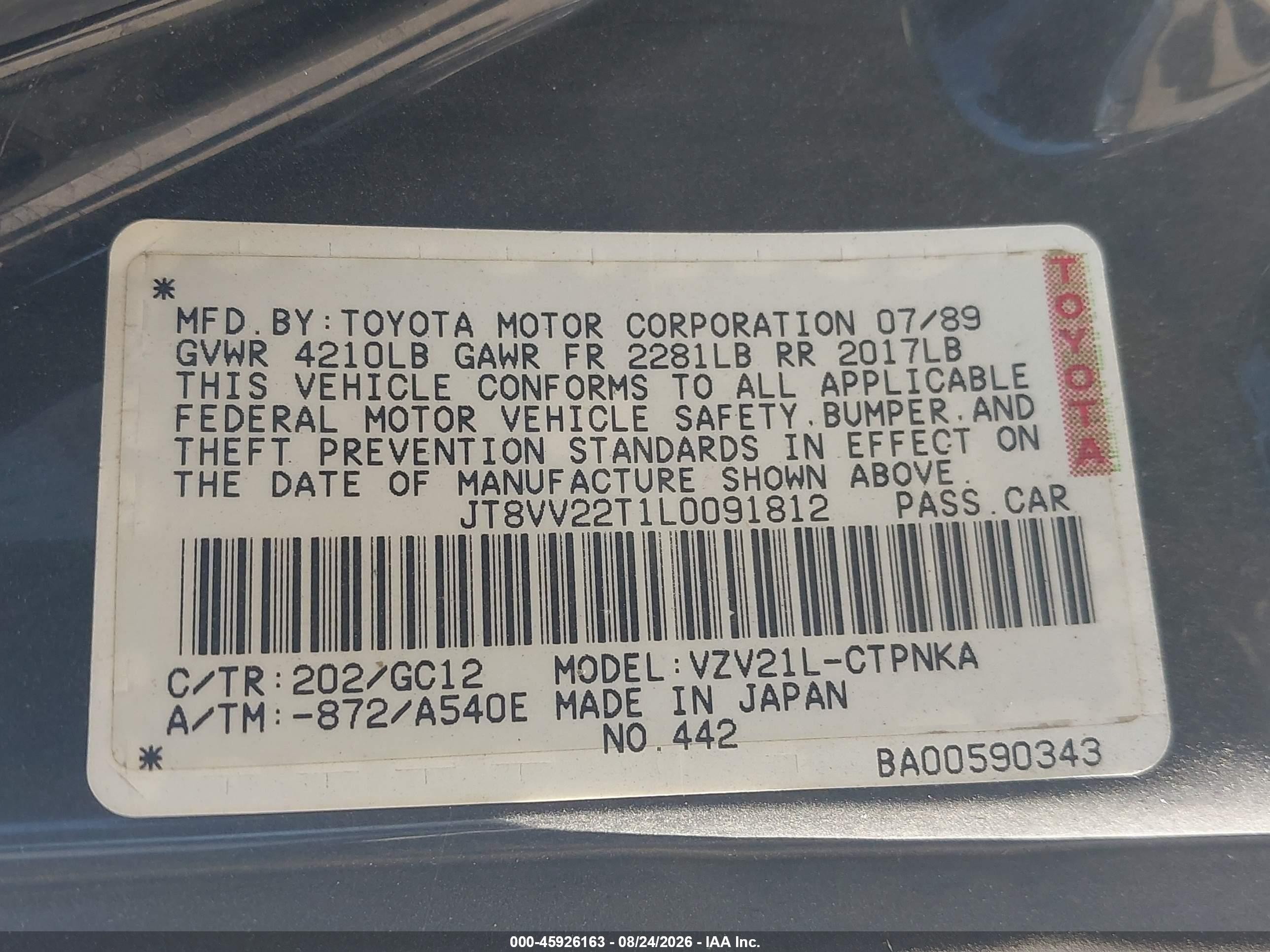 1990 Lexus Es 250/250 Se-r Black vin: JT8VV22T1L0091812