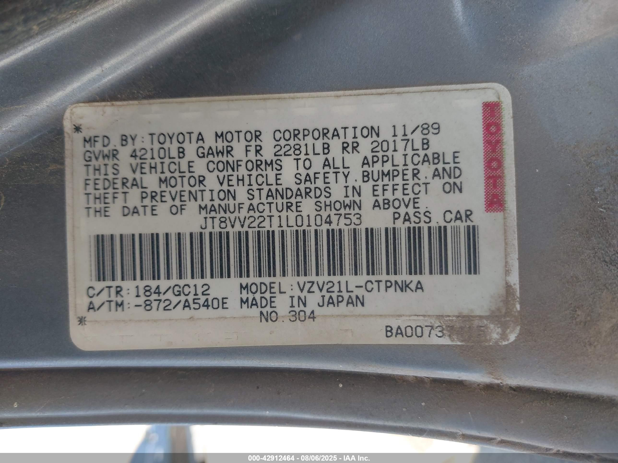 1990 Lexus Es 250/250 Se-r Beige vin: JT8VV22T1L0104753