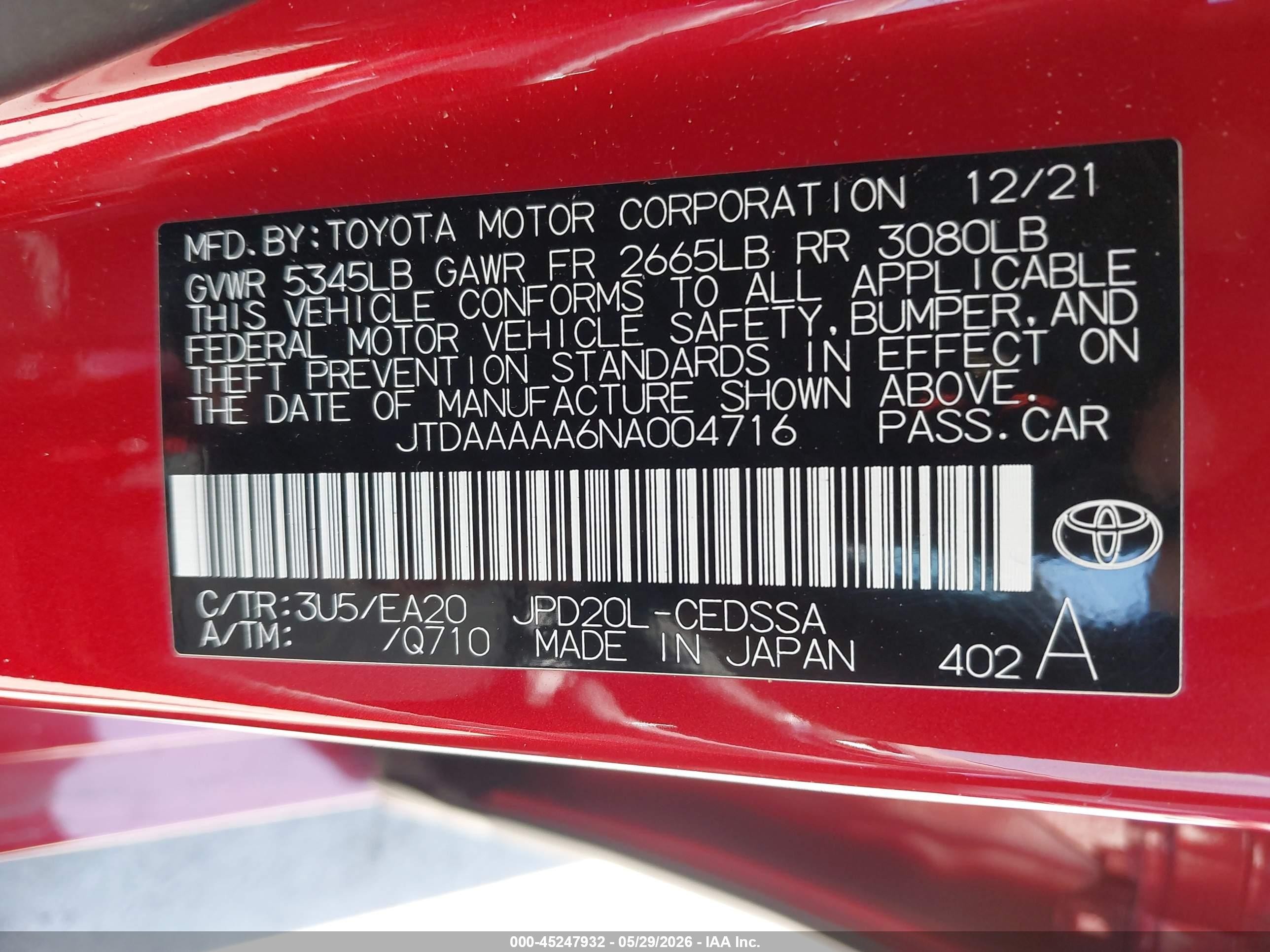 2022 Toyota Mirai Xle Красный vin: JTDAAAAA6NA004716