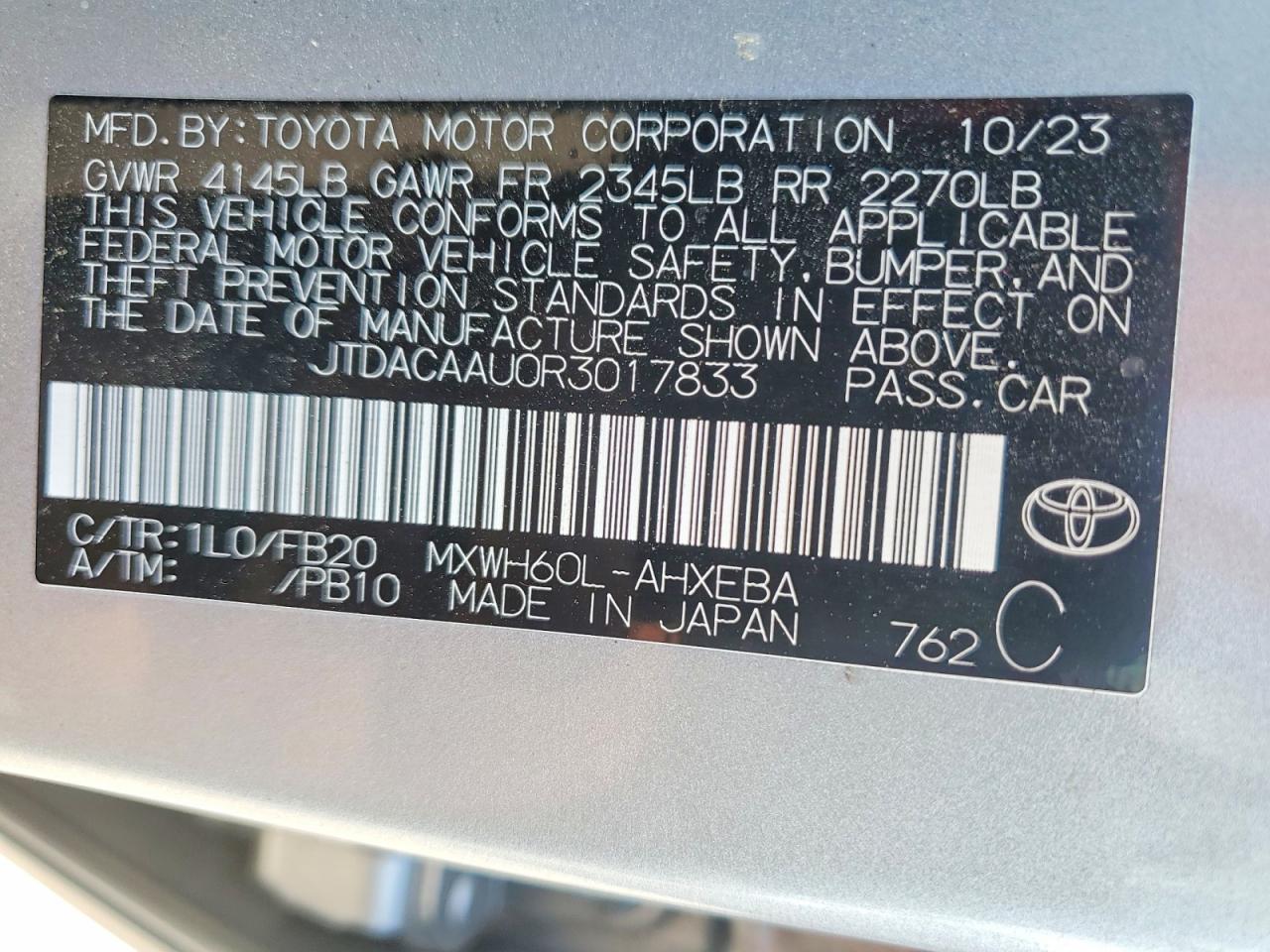 2024 Toyota Prius Le Silver vin: JTDACAAU0R3017833