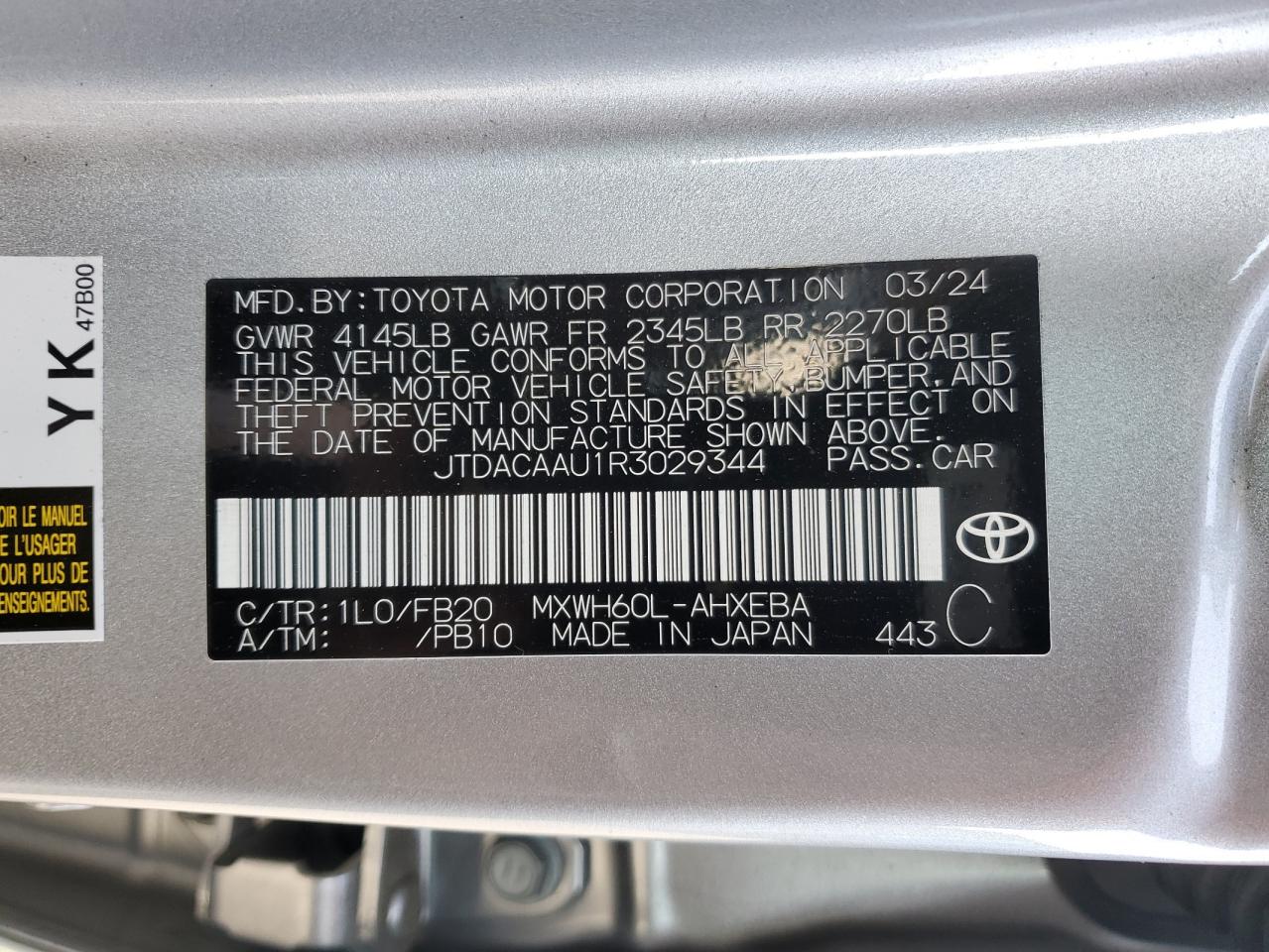 JTDACAAU1R3029344 — 2024 TOYOTA PRIUS History & VIN | AutoHelperBot
