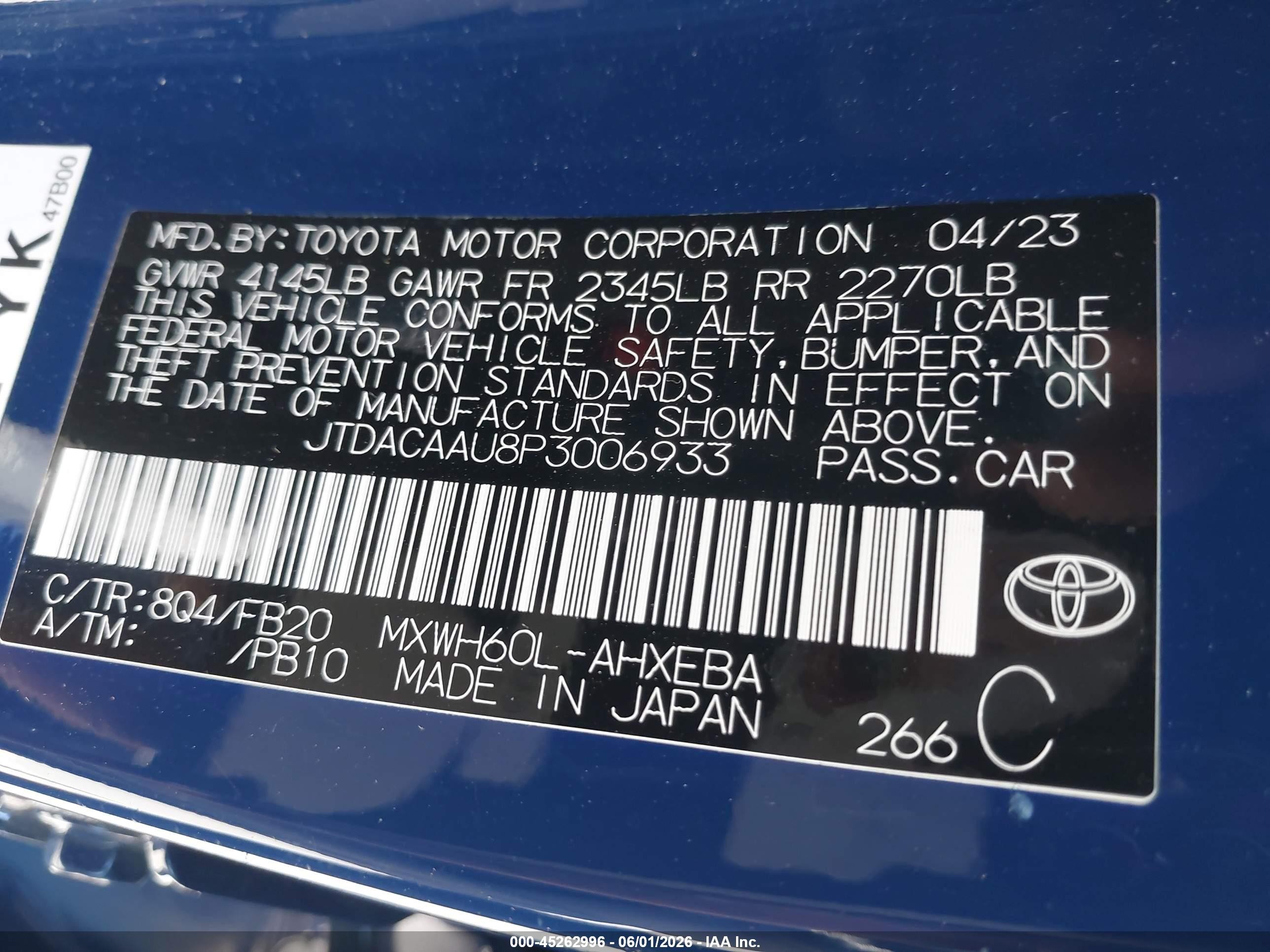 2023 Toyota Prius Le Blue vin: JTDACAAU8P3006933