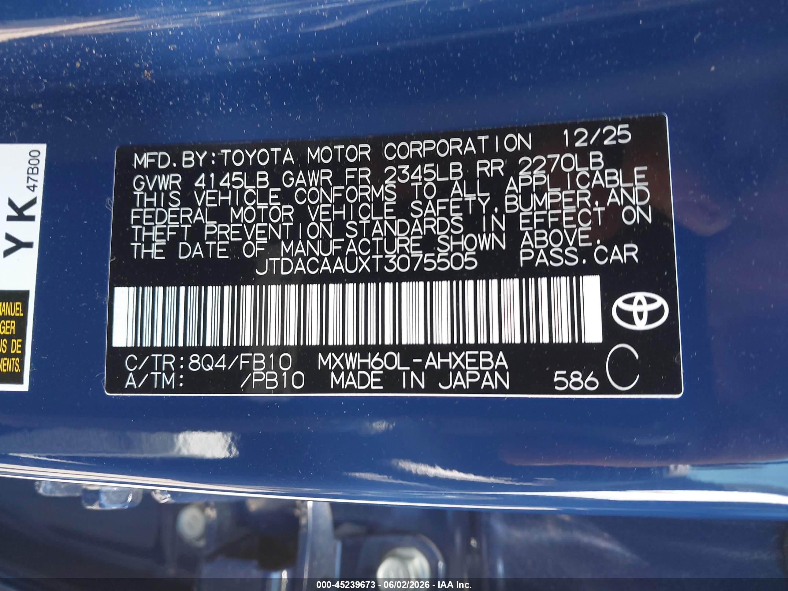 2026 Toyota Prius Le Black vin: JTDACAAUXT3075505