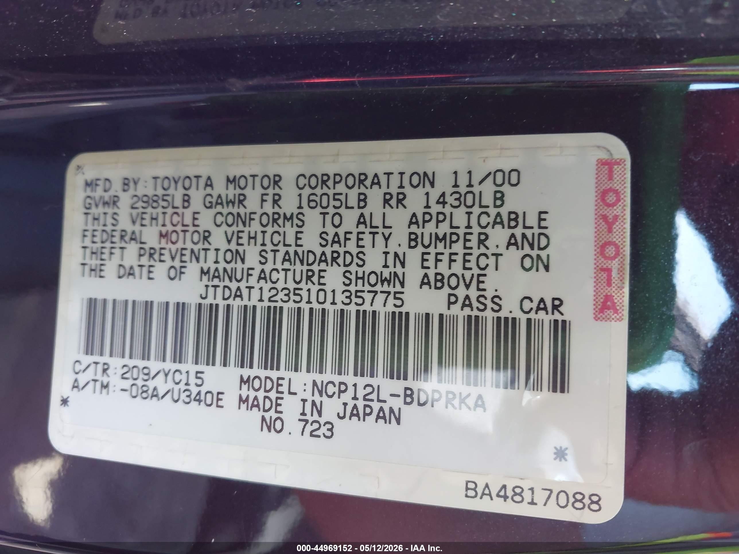 2001 Toyota Echo   Black vin: JTDAT123510135775
