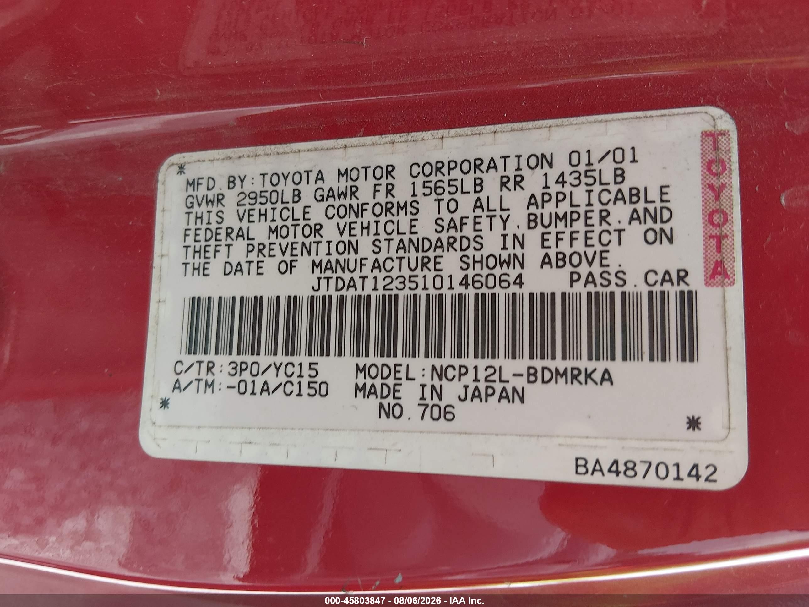 2001 Toyota Echo   Red vin: JTDAT123510146064