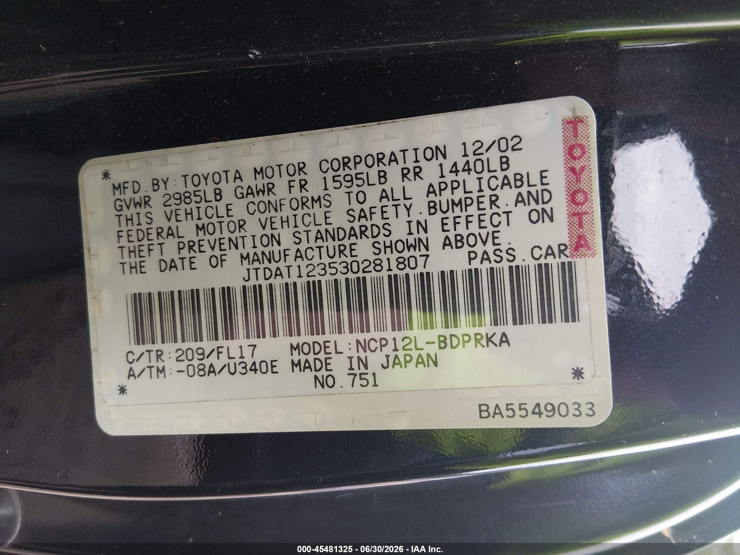 2003 Toyota Echo   Black vin: JTDAT123530281807