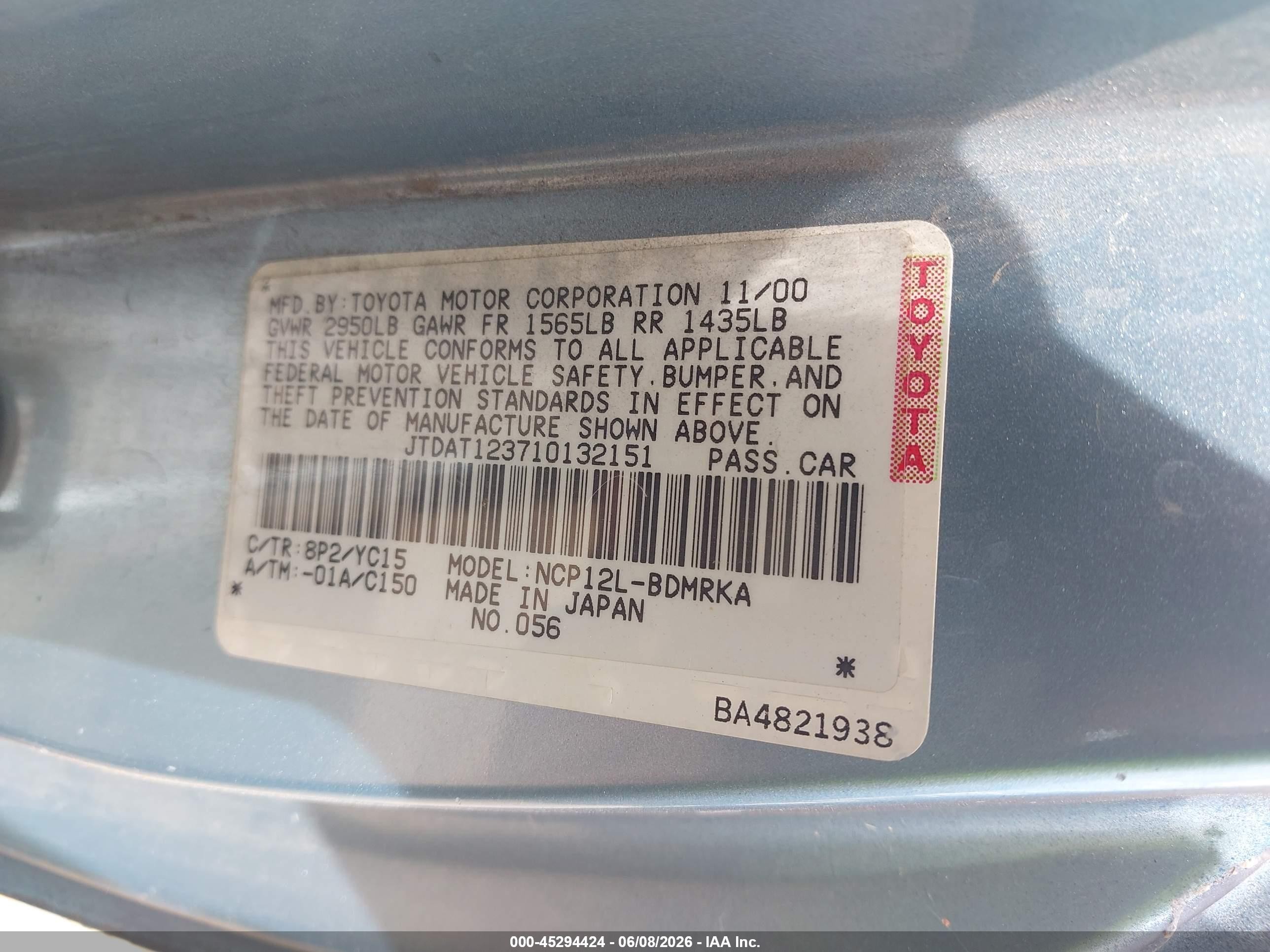 2001 Toyota Echo   Black vin: JTDAT123710132151