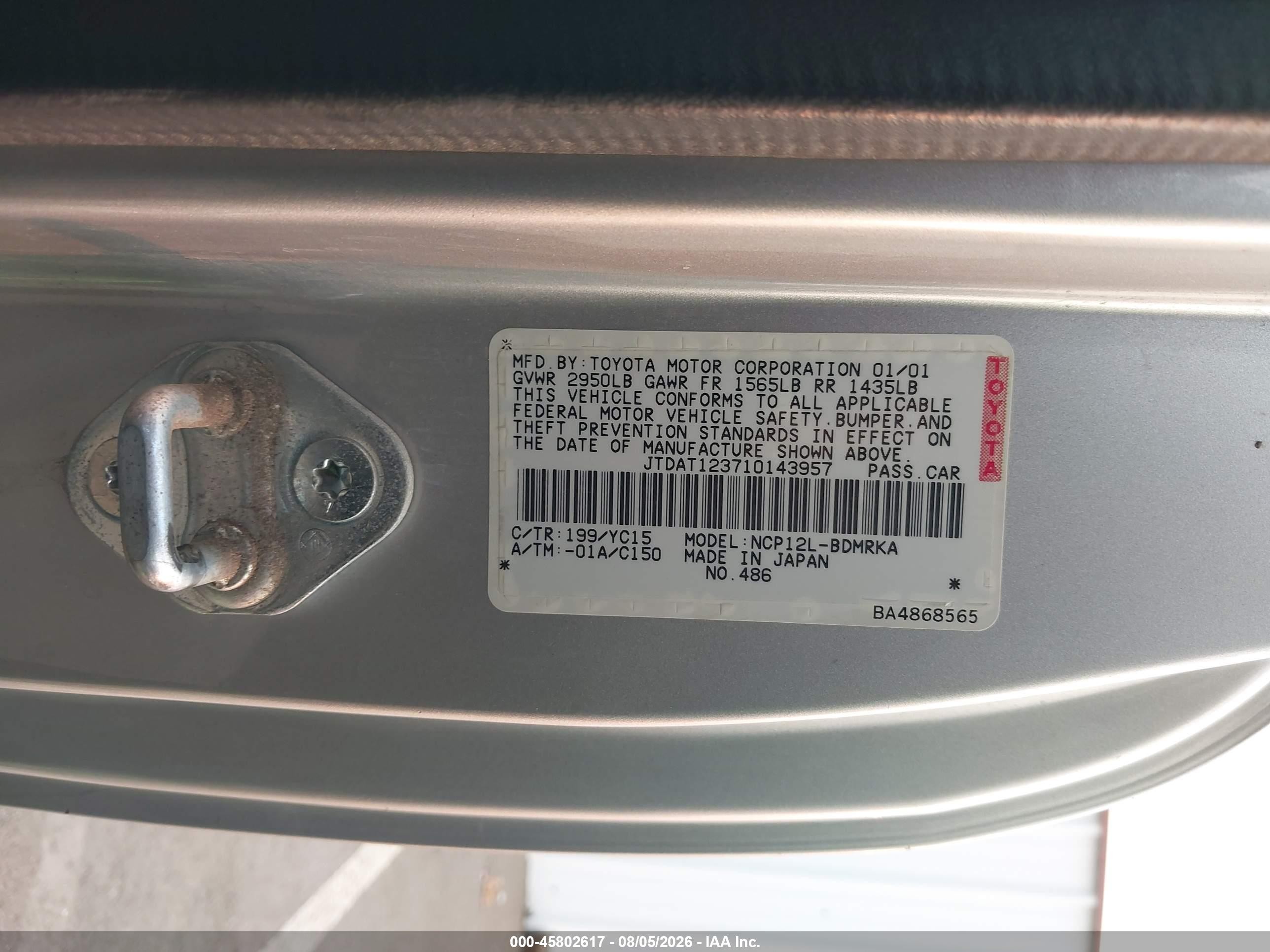 2001 Toyota Echo   Серый vin: JTDAT123710143957