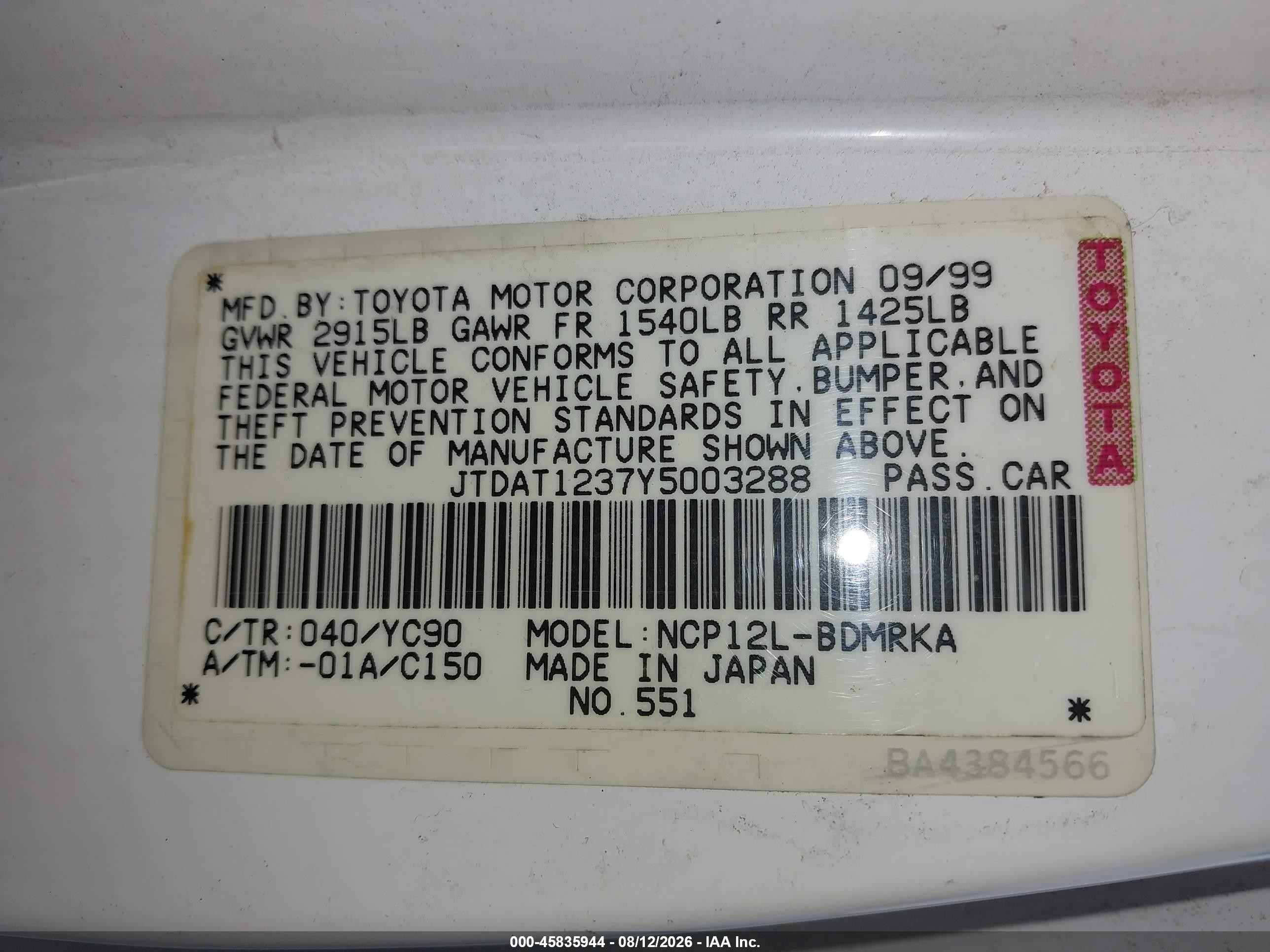 2000 Toyota Echo   White vin: JTDAT1237Y5003288