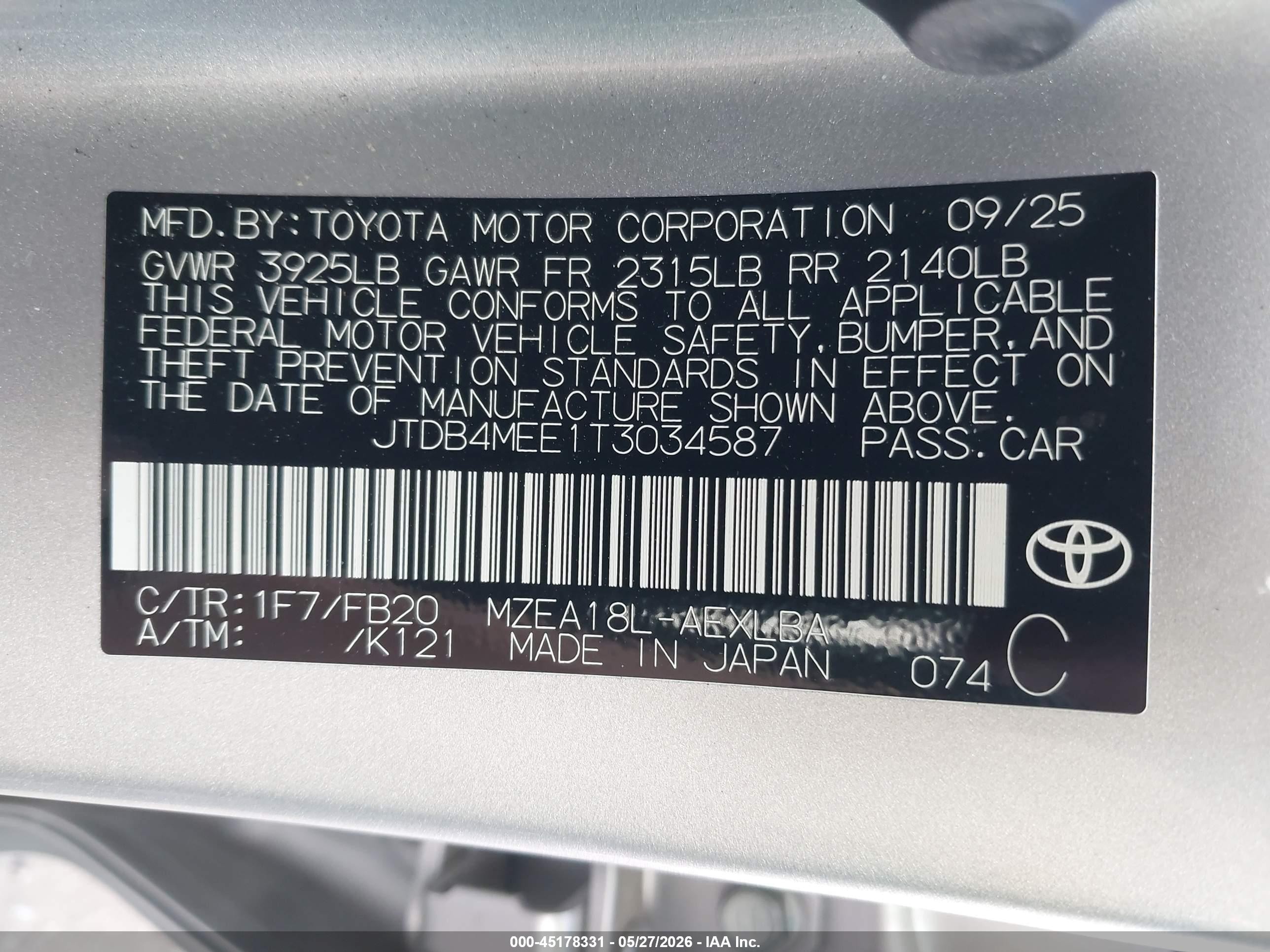 2026 Toyota Corolla Le Silver vin: JTDB4MEE1T3034587