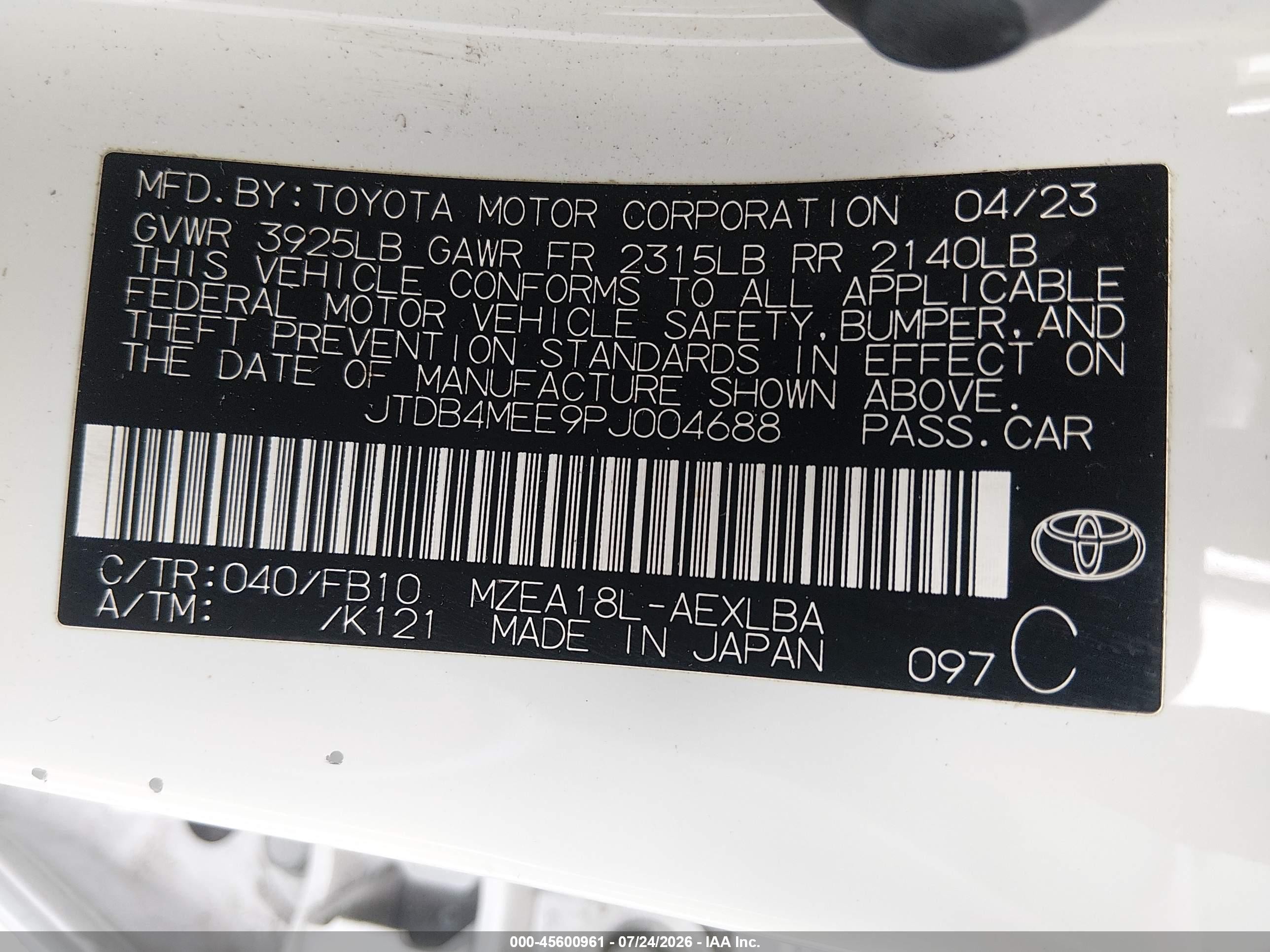 2023 Toyota Corolla Le White vin: JTDB4MEE9PJ004688