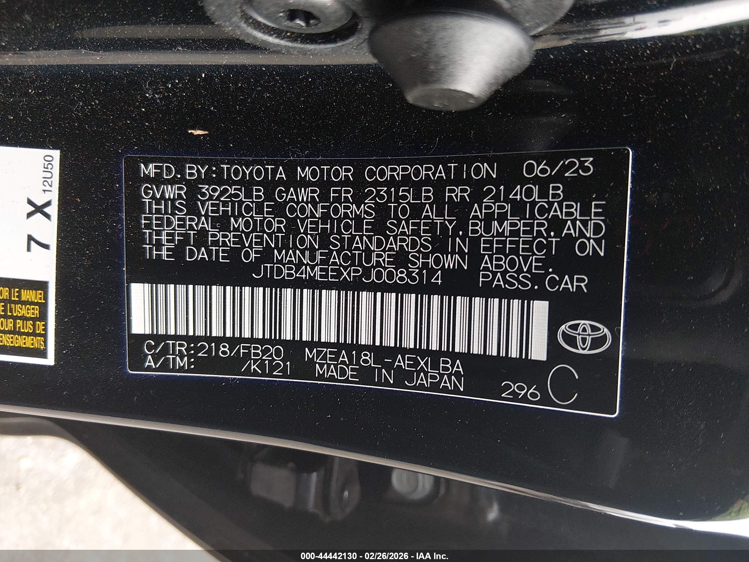2023 Toyota Corolla Le Black vin: JTDB4MEEXPJ008314
