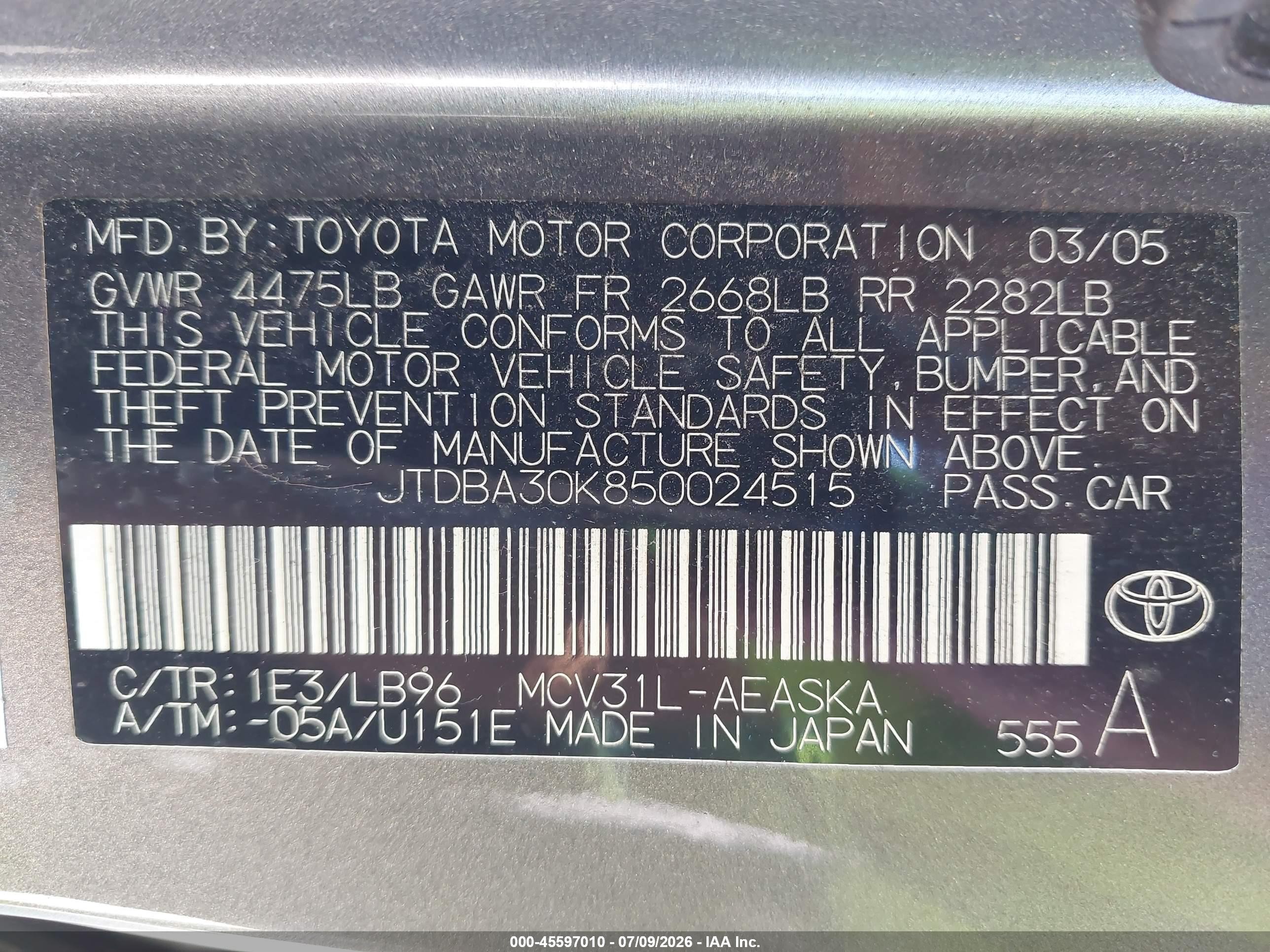 2005 Toyota Camry Se V6 Gray vin: JTDBA30K850024515