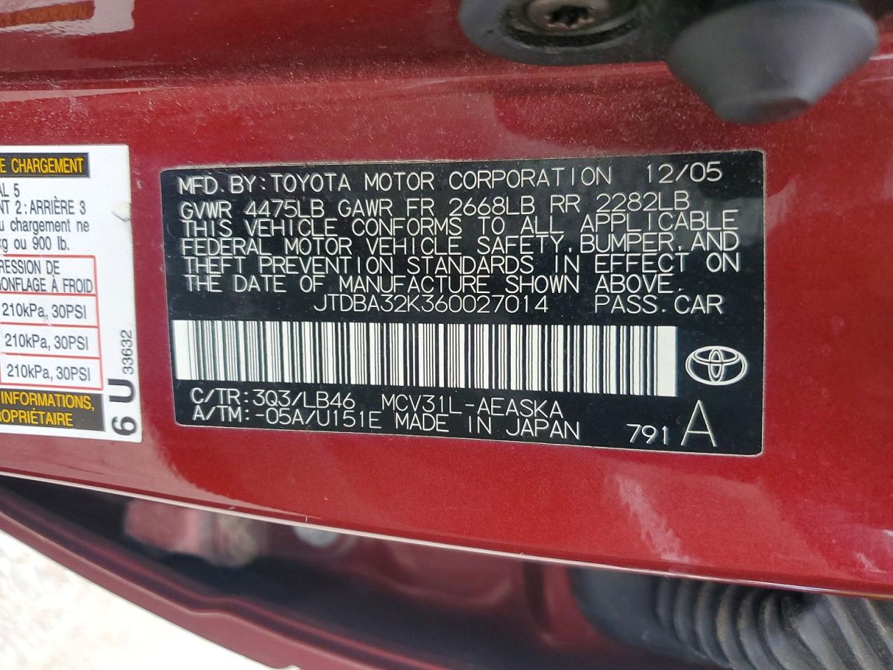 2006 Toyota Camry Se Burgundy vin: JTDBA32K360027014