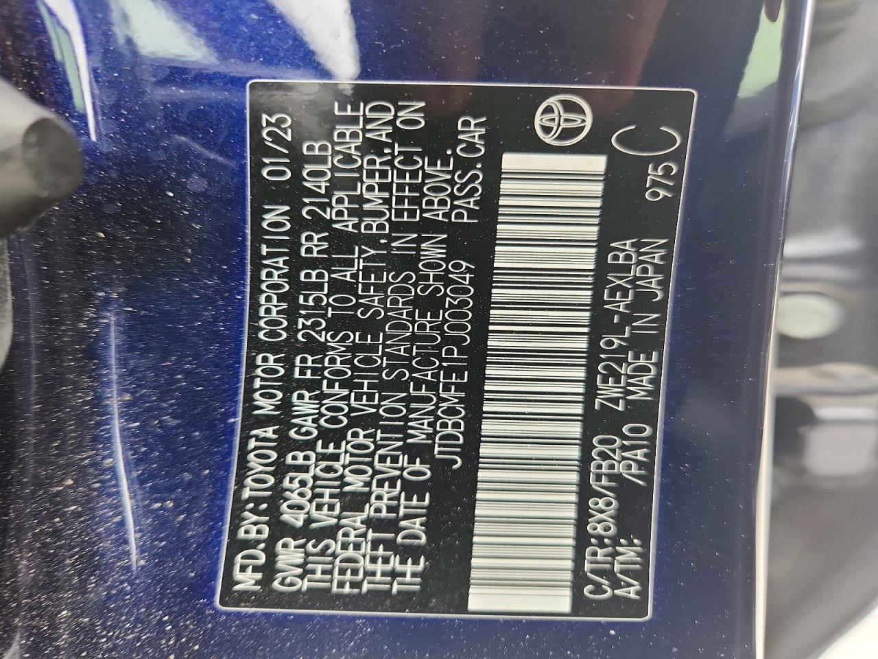 2023 Toyota Corolla Hybrid Le Blue vin: JTDBCMFE1PJ003049