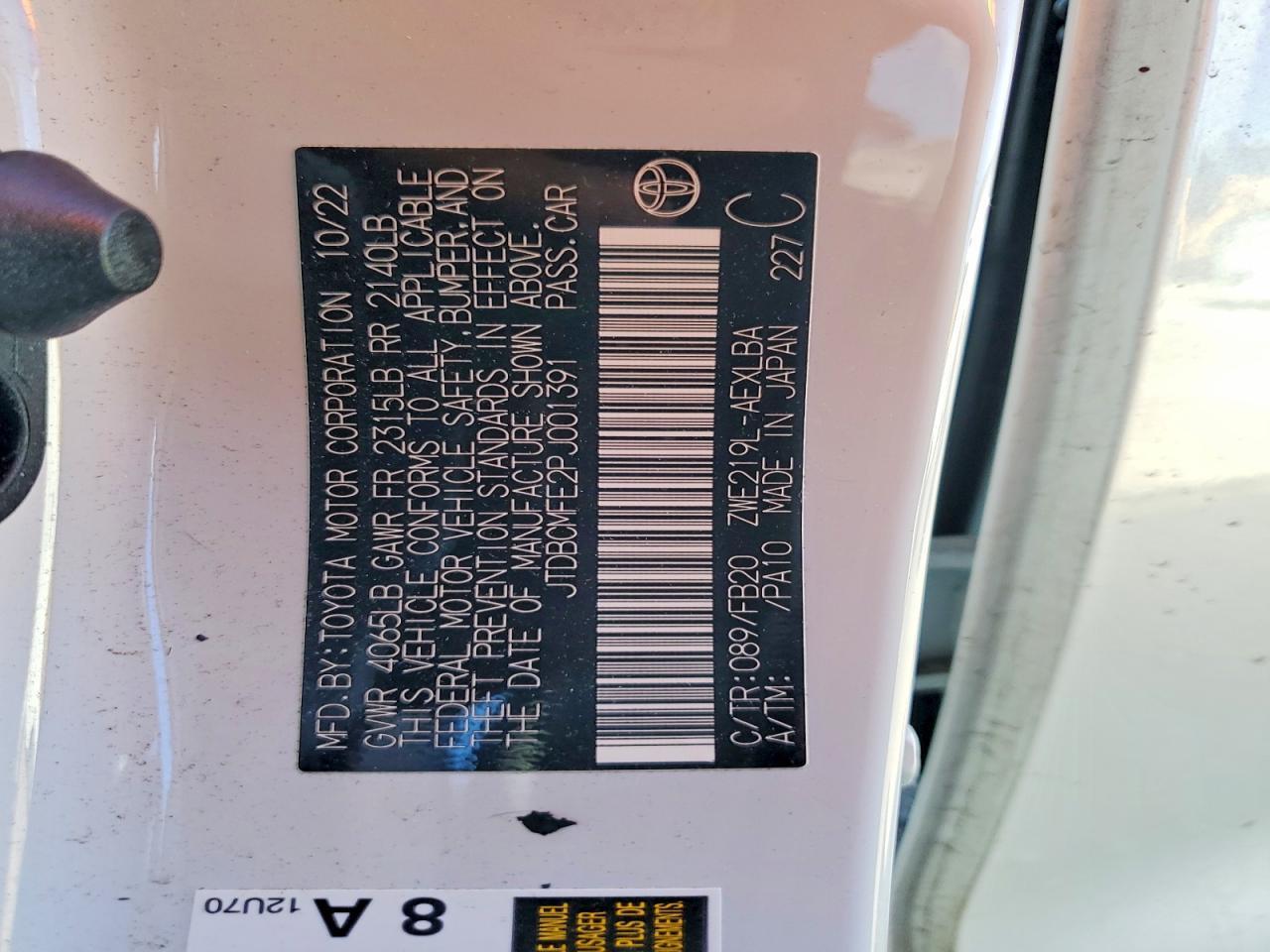 2023 Toyota Corolla Hybrid Le White vin: JTDBCMFE2PJ001391