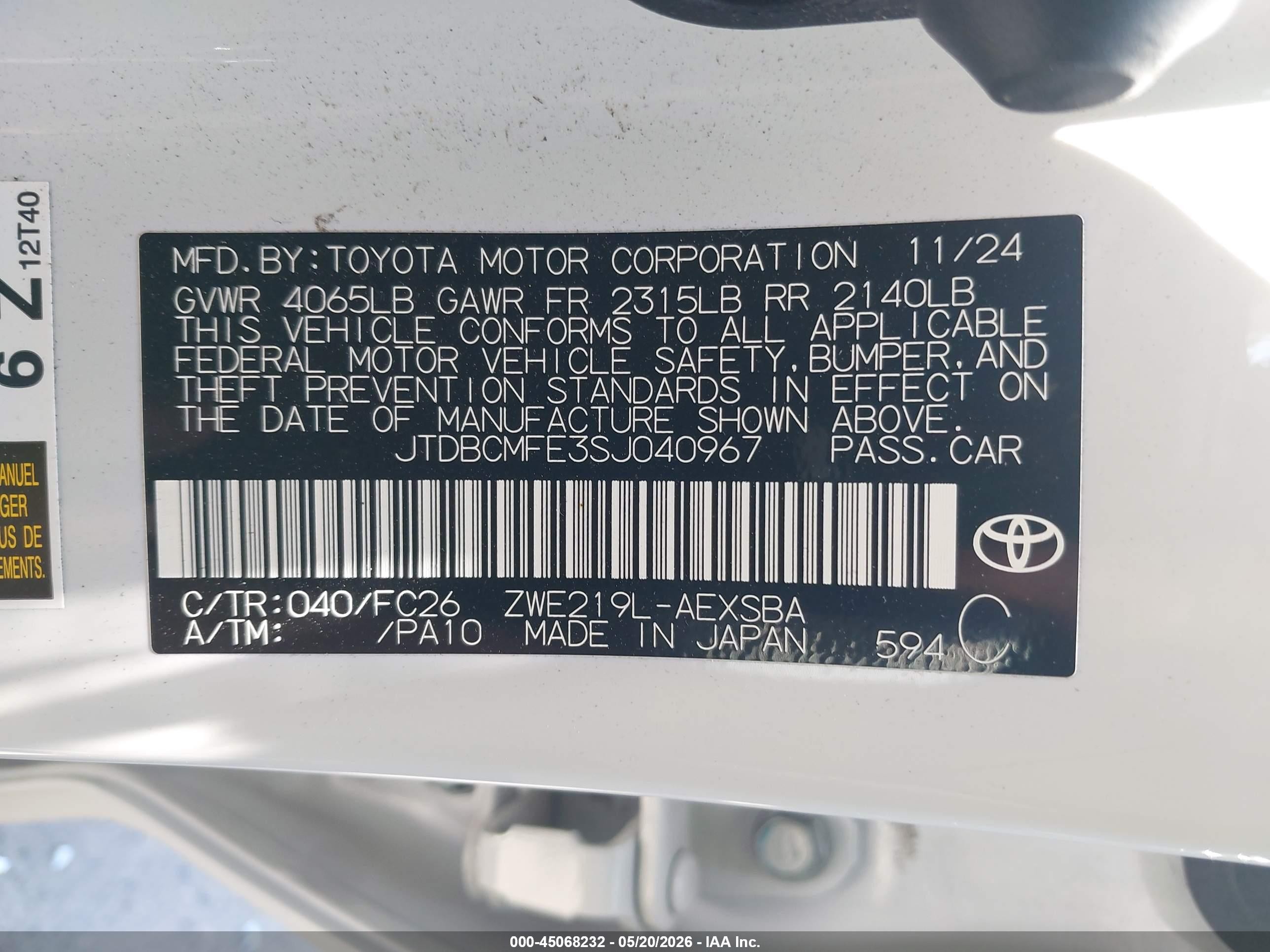 2025 Toyota Corolla Hybrid Se White vin: JTDBCMFE3SJ040967