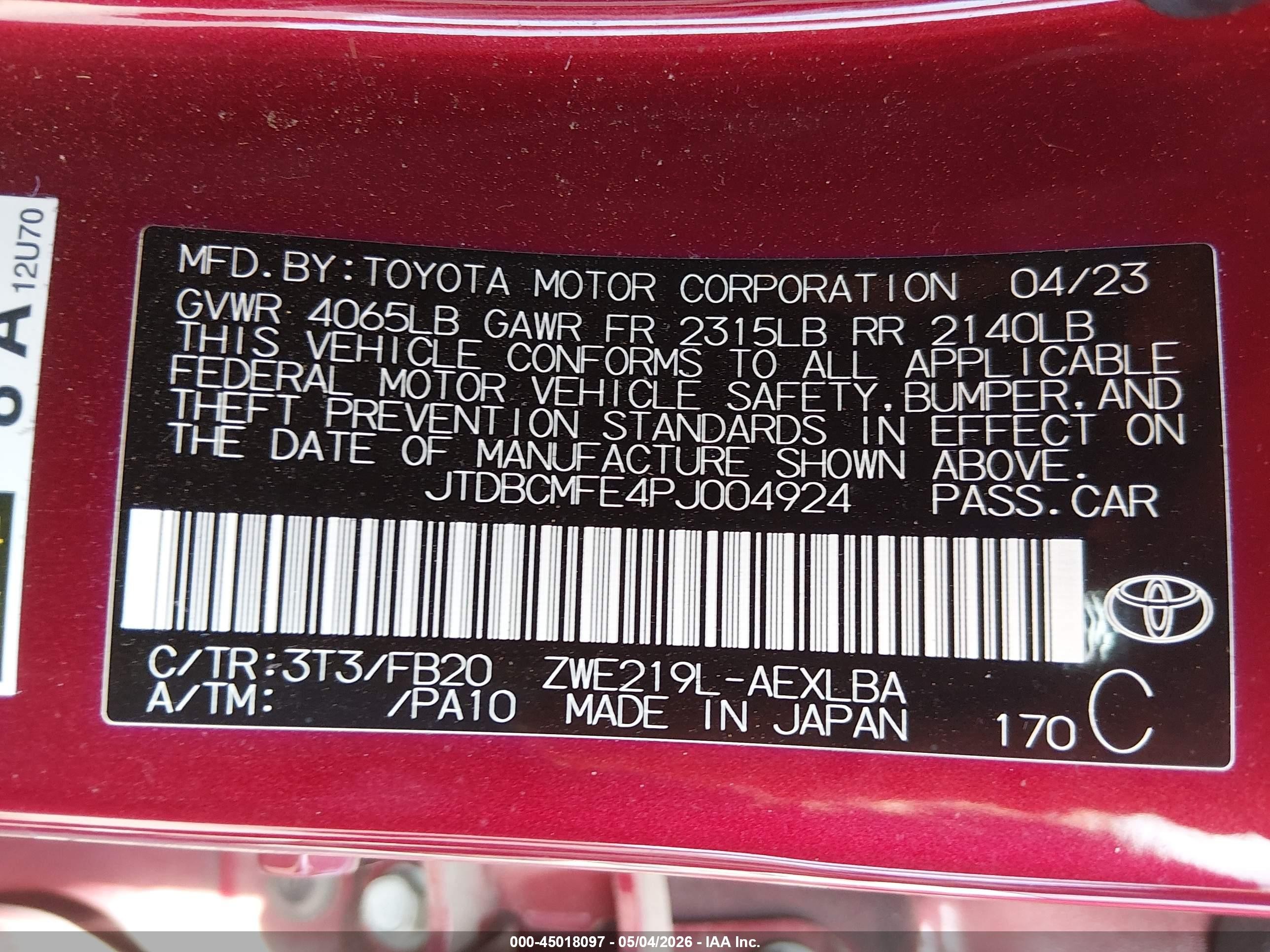 2023 Toyota Corolla Hybrid Le Red vin: JTDBCMFE4PJ004924