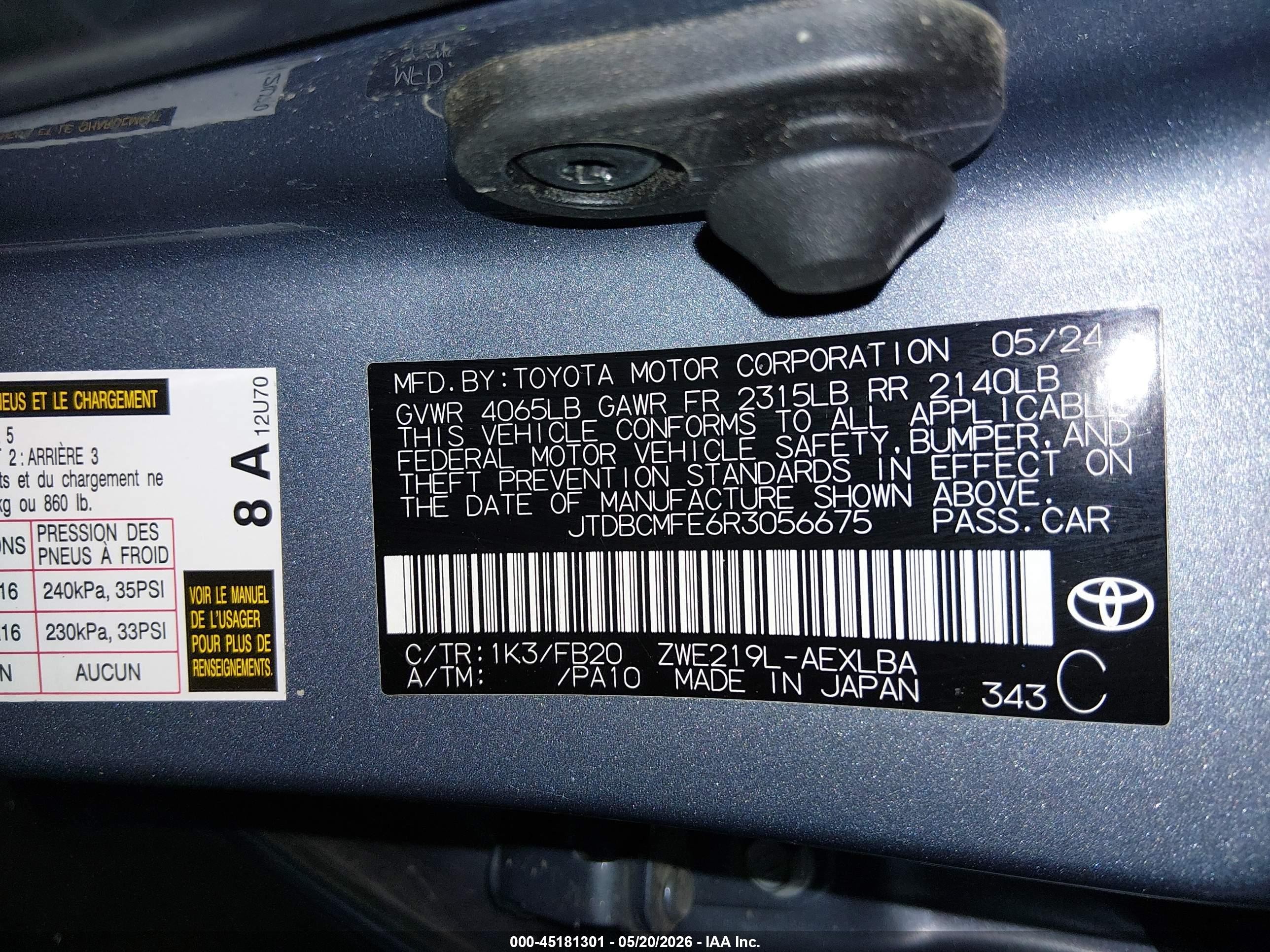 2024 Toyota Corolla Hybrid Le Blue vin: JTDBCMFE6R3056675