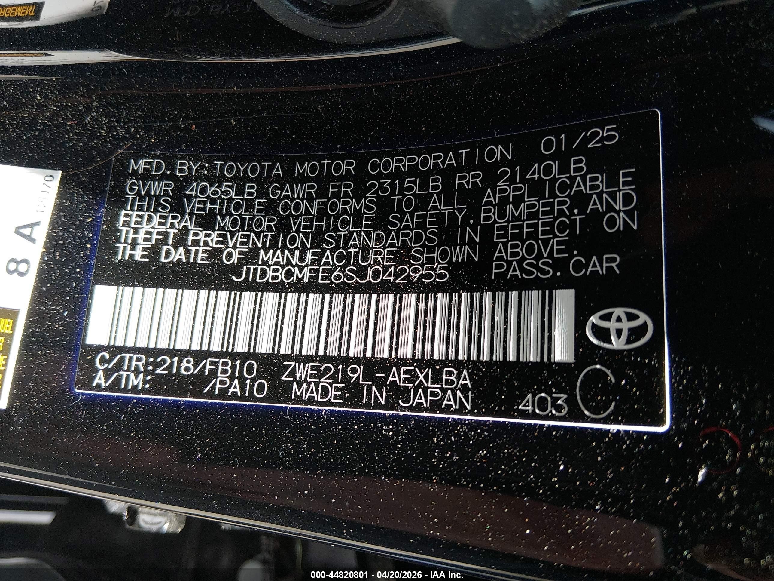 2025 Toyota Corolla Hybrid Le Black vin: JTDBCMFE6SJ042955