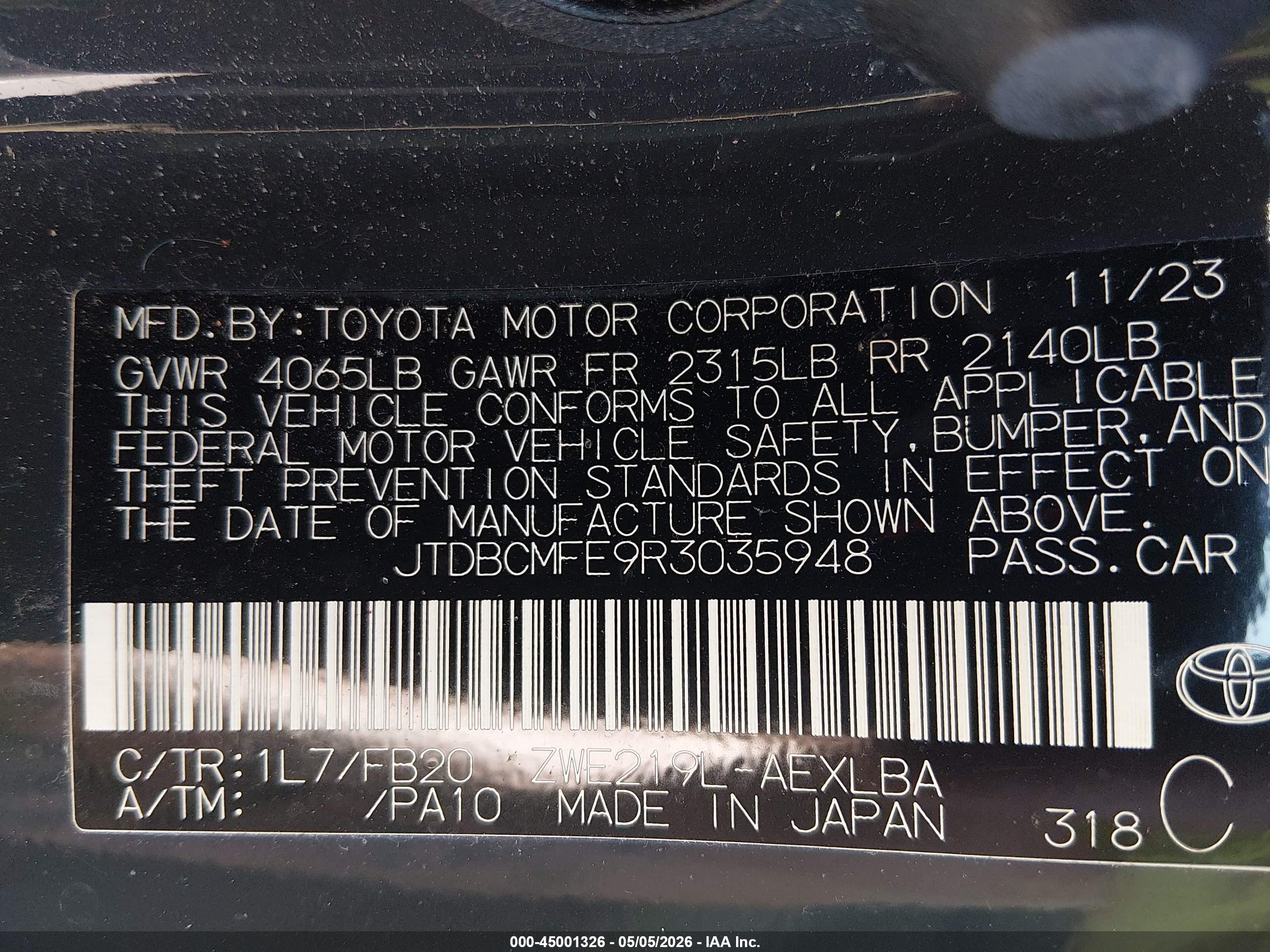 2024 Toyota Corolla Hybrid Le Gray vin: JTDBCMFE9R3035948