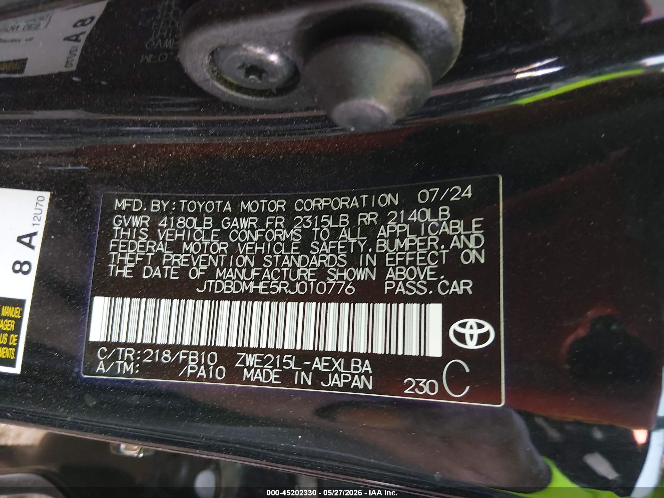 2024 Toyota Corolla Hybrid Le Черный vin: JTDBDMHE5RJ010776
