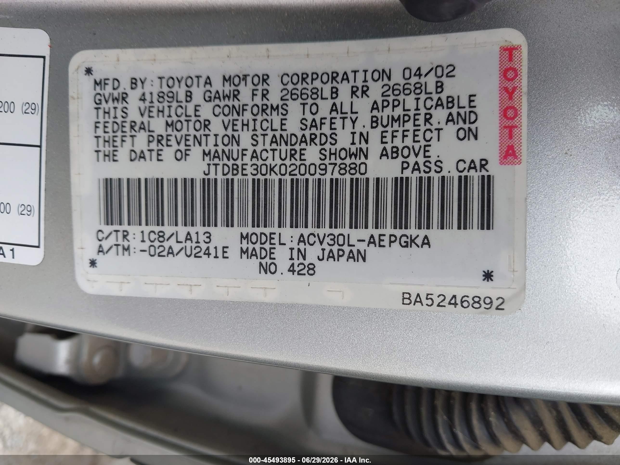 2002 Toyota Camry Xle Серебряный vin: JTDBE30K020097880