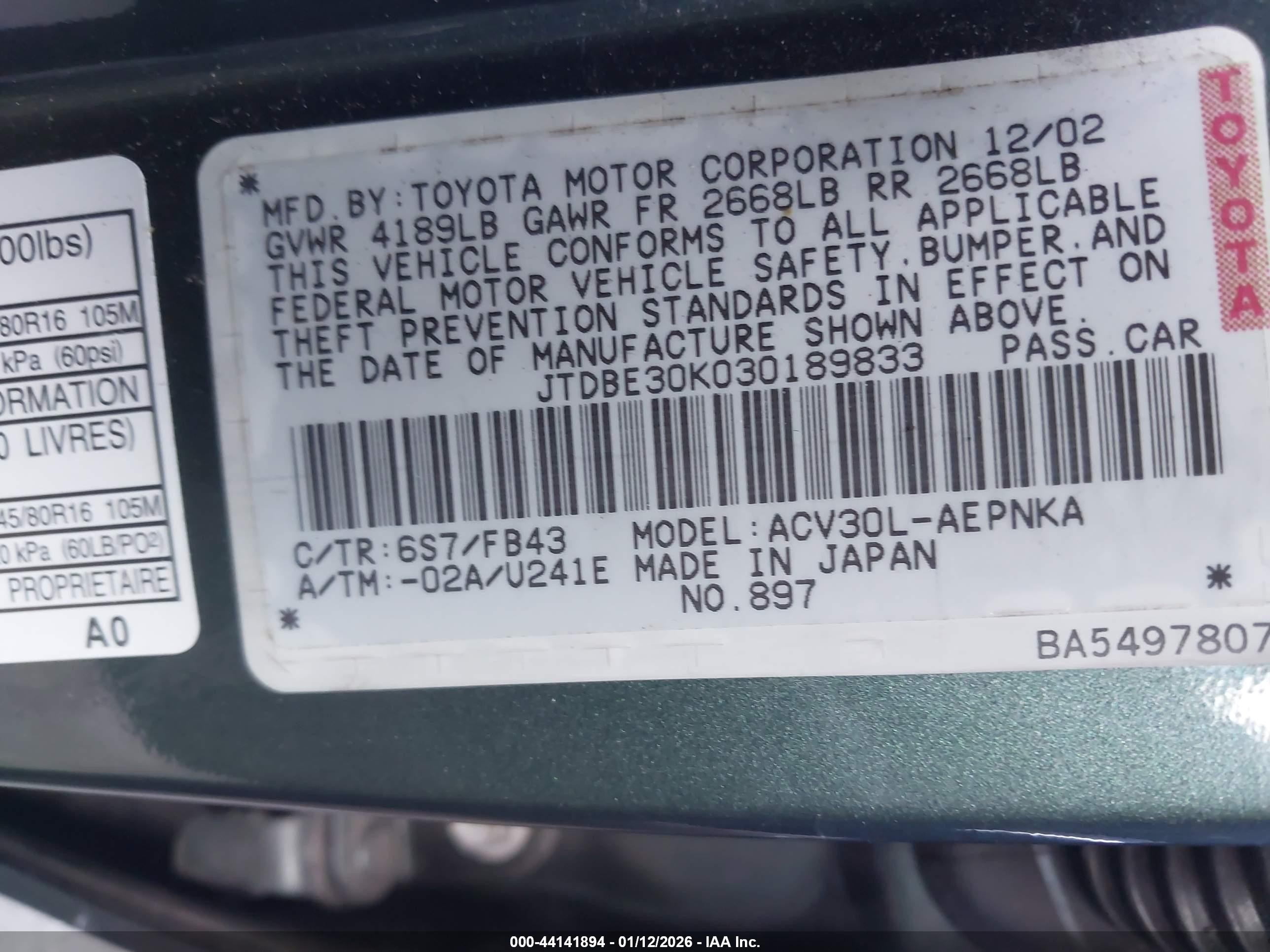 2003 Toyota Camry Le Green vin: JTDBE30K030189833