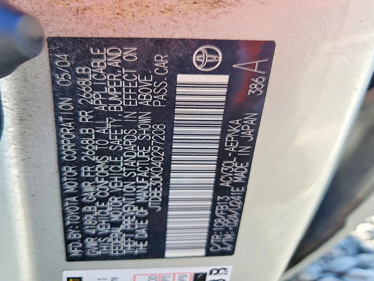 2004 Toyota Camry Standard Silver vin: JTDBE30K040297208