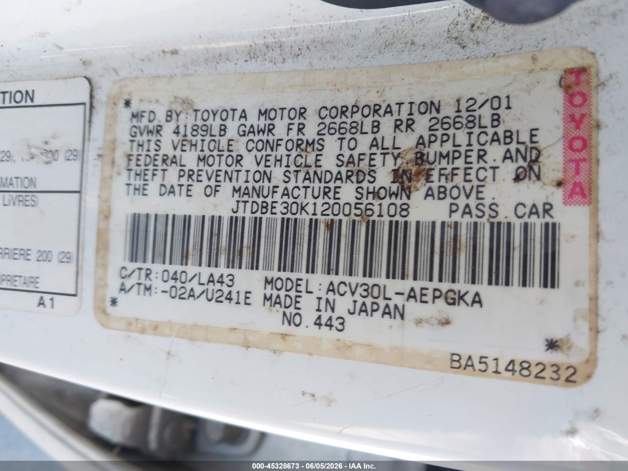 2002 Toyota Camry Xle White vin: JTDBE30K120056108