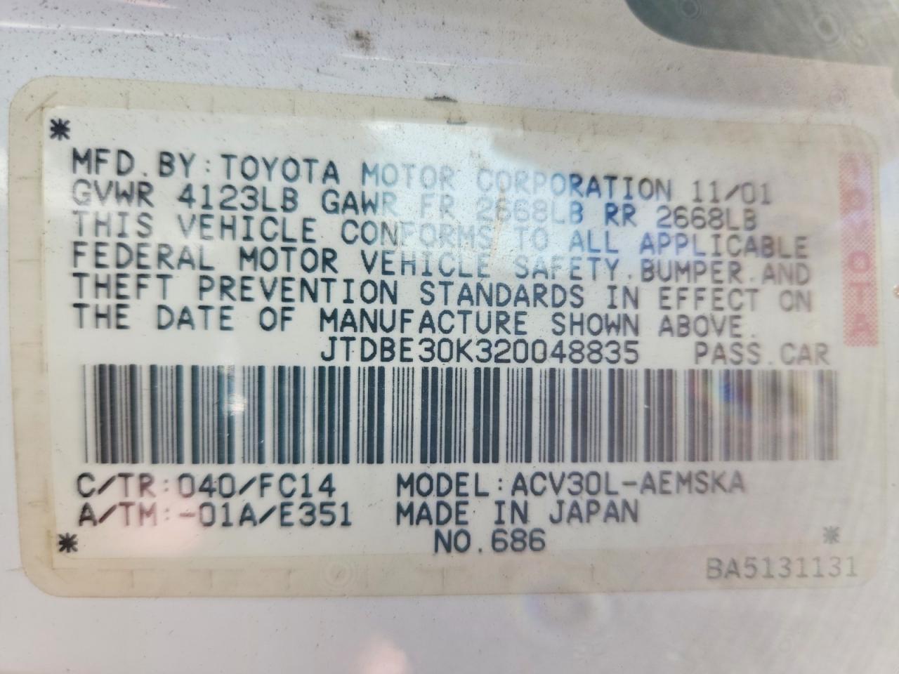 2002 Toyota Camry Se White vin: JTDBE30K320048835