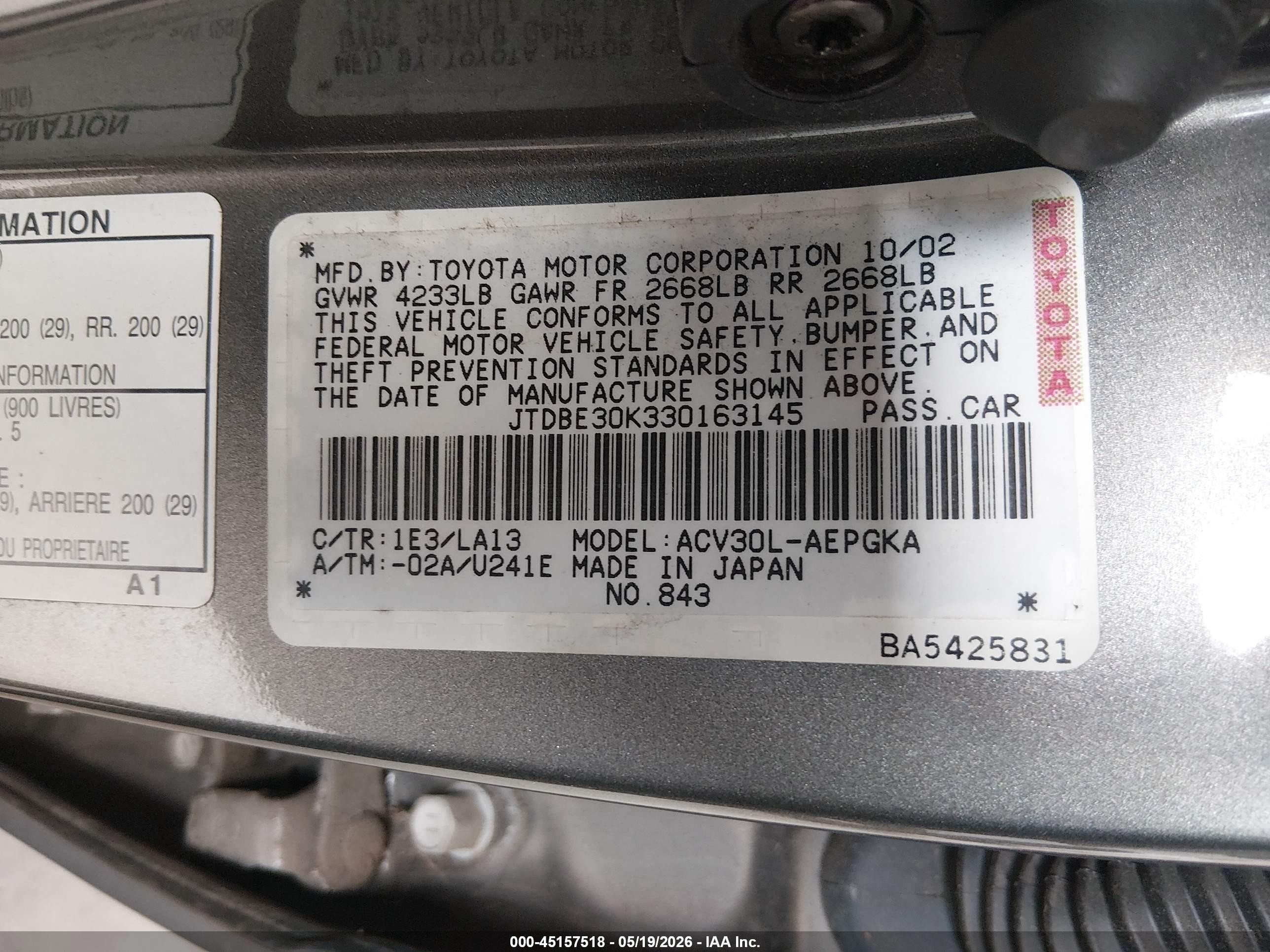 2003 Toyota Camry Xle Gray vin: JTDBE30K330163145