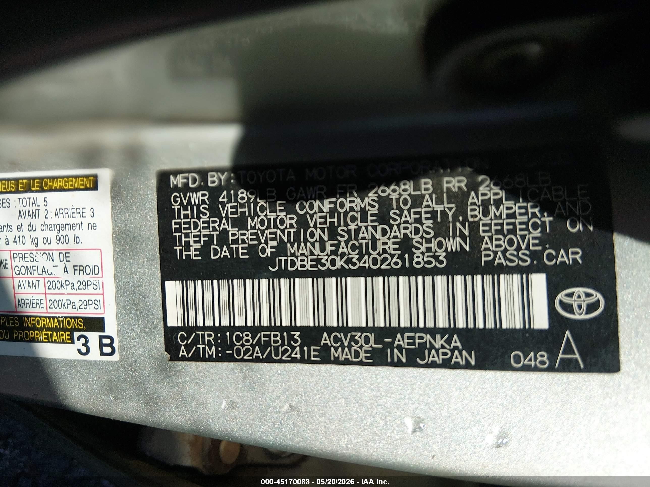 2004 Toyota Camry Le Silver vin: JTDBE30K340261853