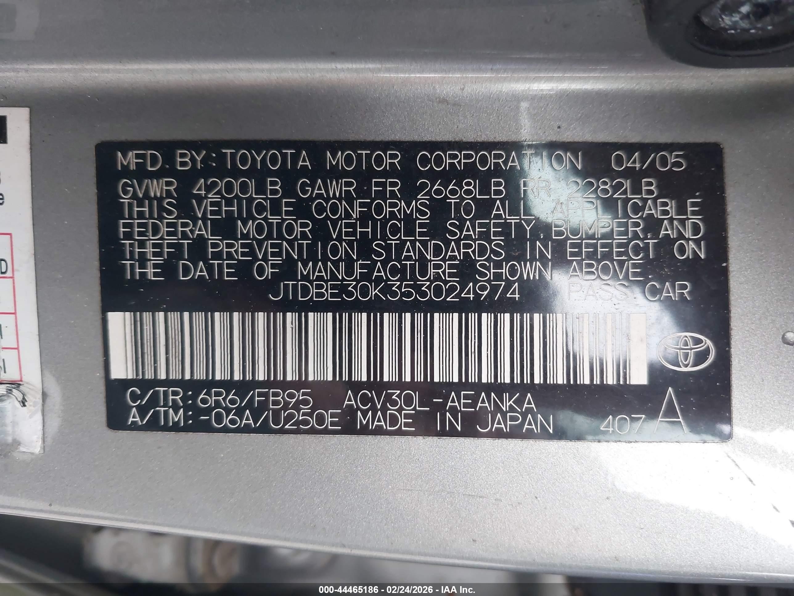 2005 Toyota Camry Le Silver vin: JTDBE30K353024974
