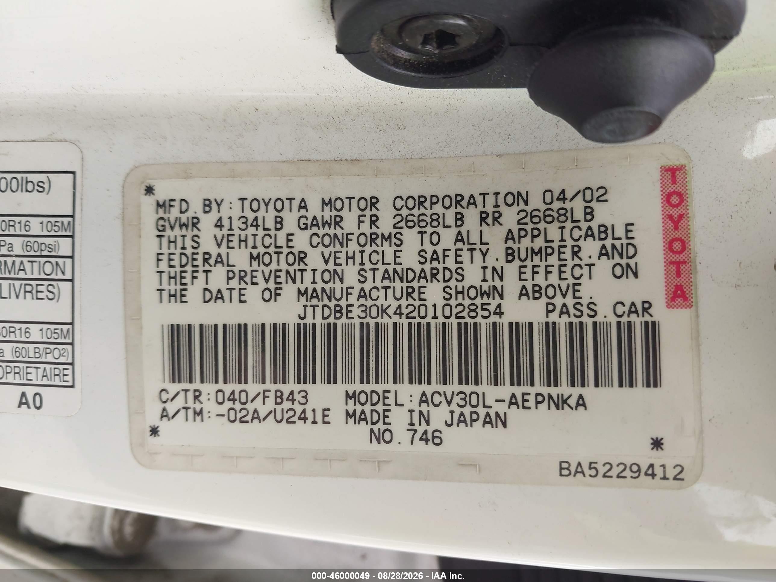 2002 Toyota Camry Le White vin: JTDBE30K420102854