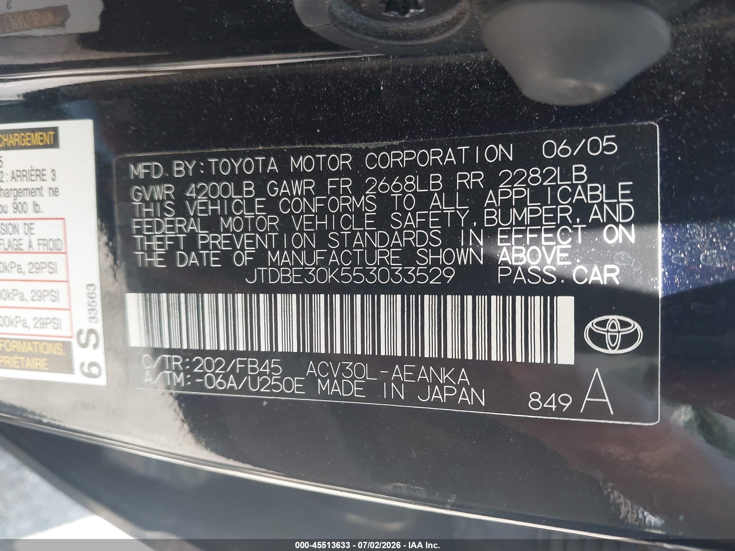 2005 Toyota Camry Le Black vin: JTDBE30K553033529