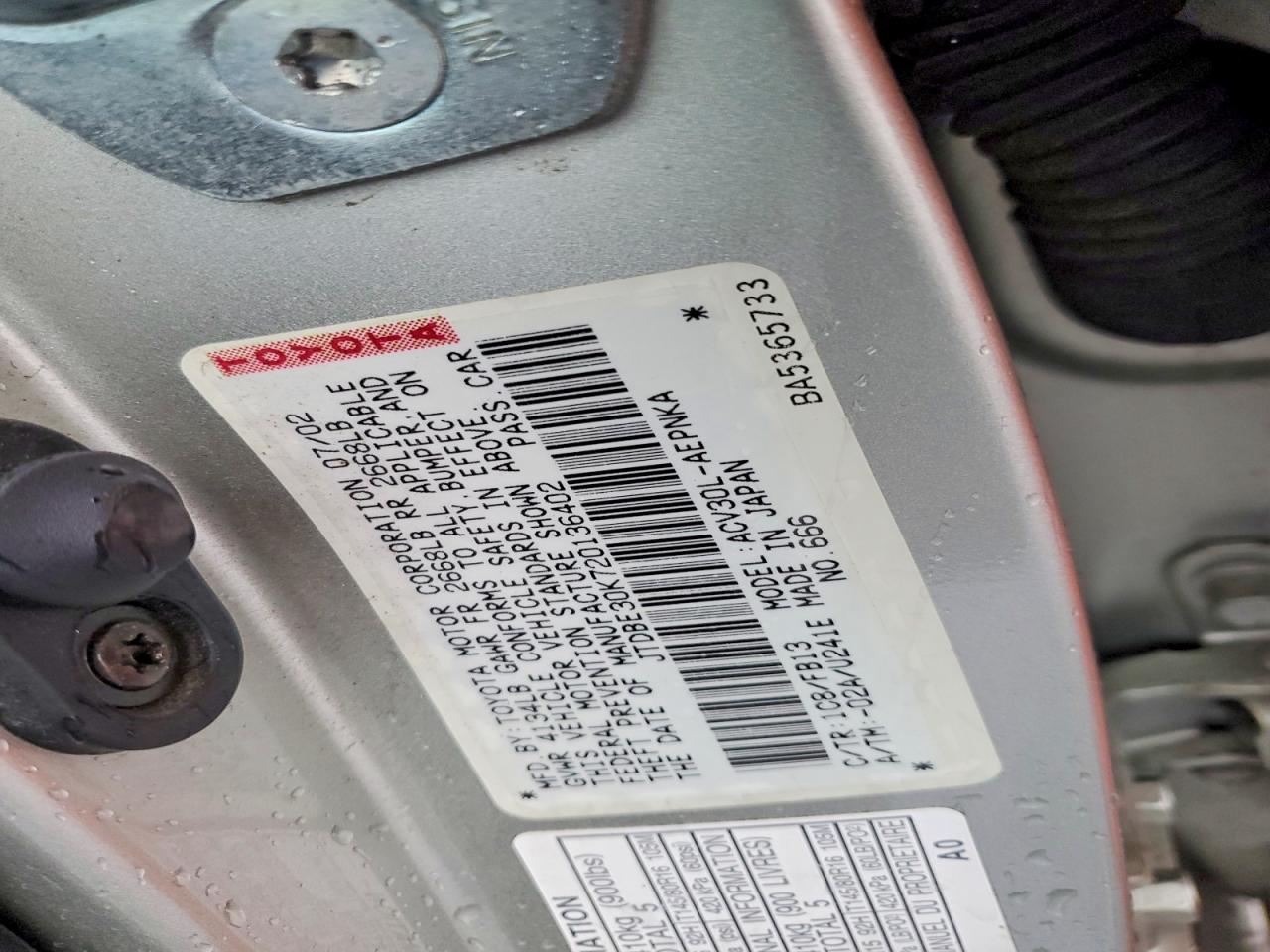 2002 Toyota Camry Le Silver vin: JTDBE30K720136402