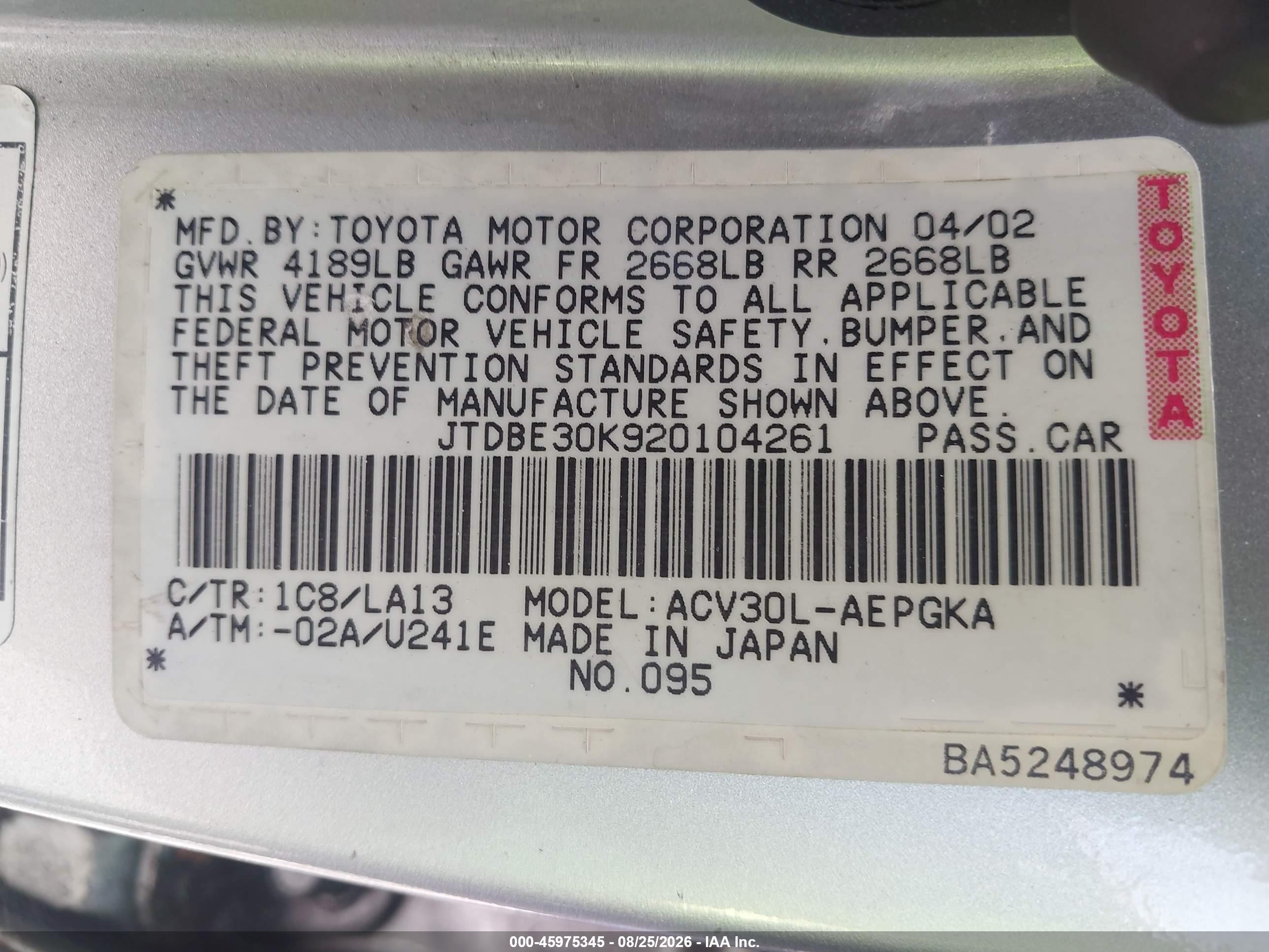 2002 Toyota Camry Xle Silver vin: JTDBE30K920104261