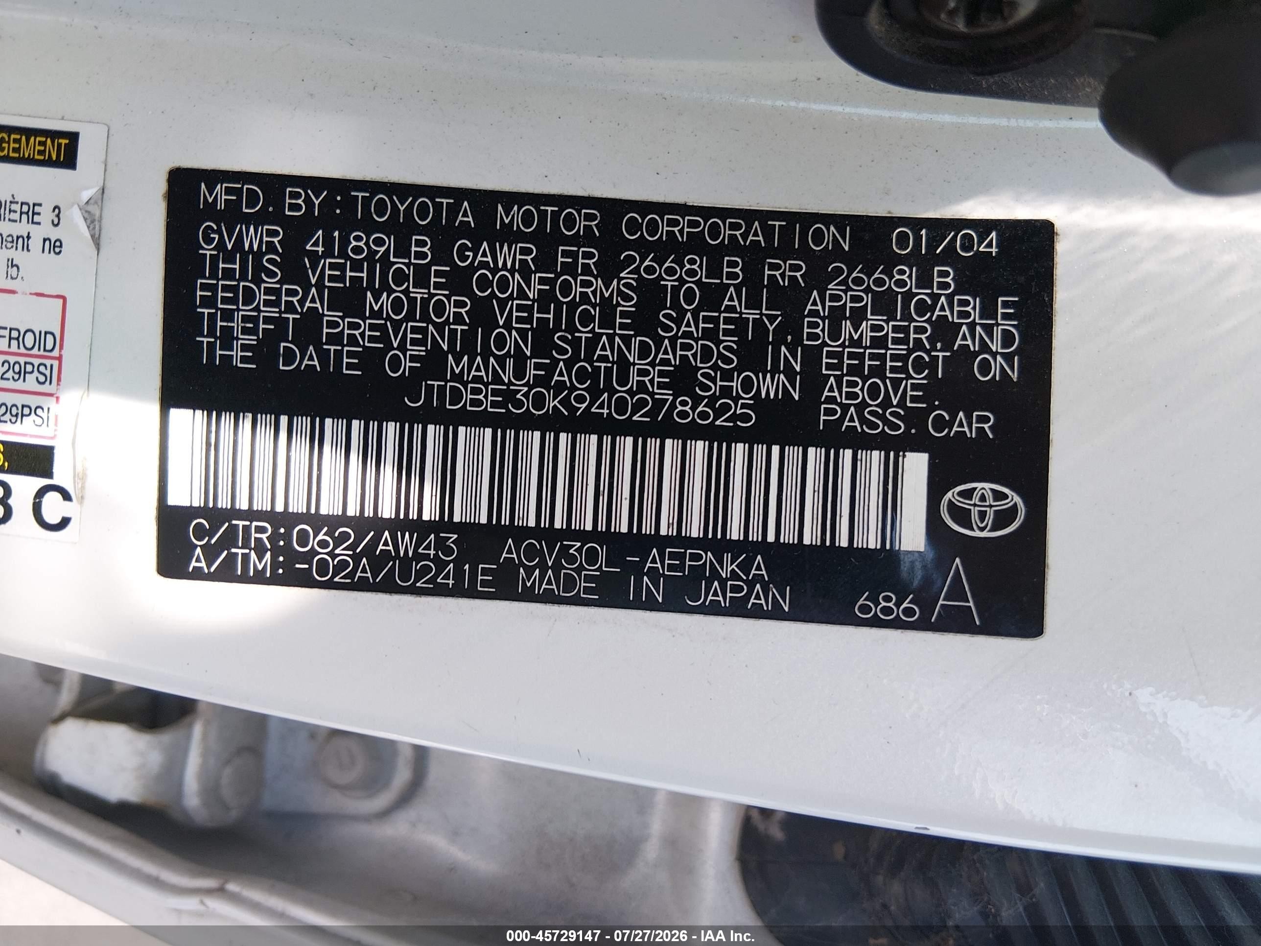 2004 Toyota Camry Le Белый vin: JTDBE30K940278625