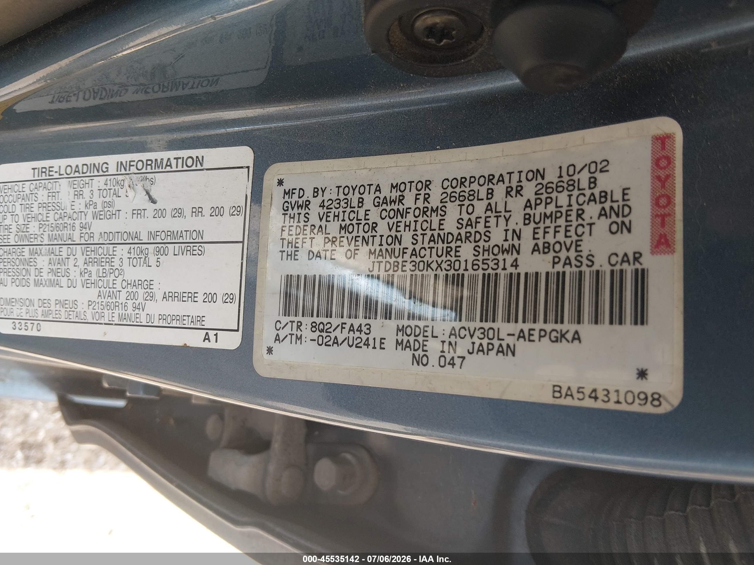 2003 Toyota Camry Xle Blue vin: JTDBE30KX30165314