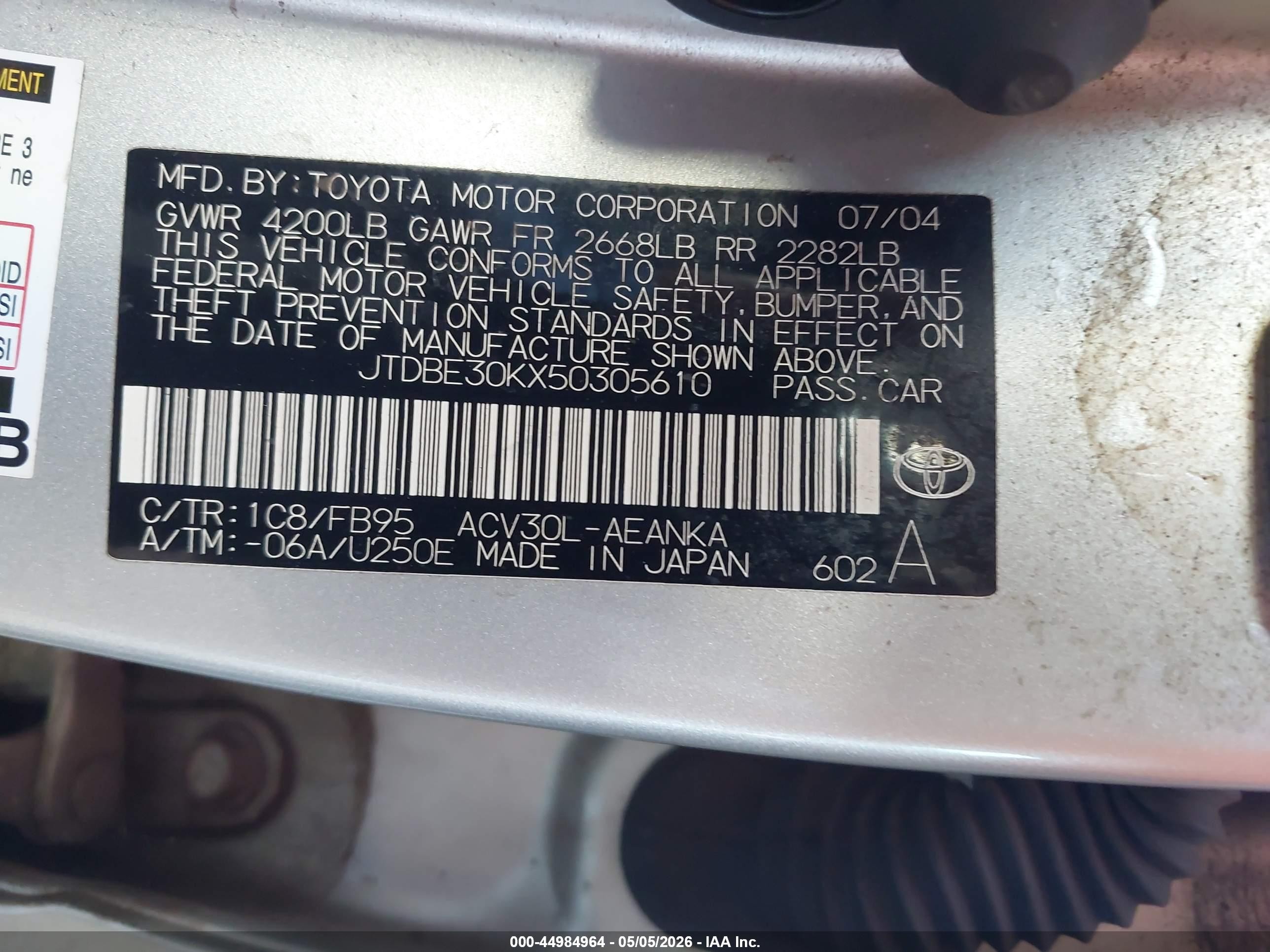 2005 Toyota Camry Le/se/xle Silver vin: JTDBE30KX50305610