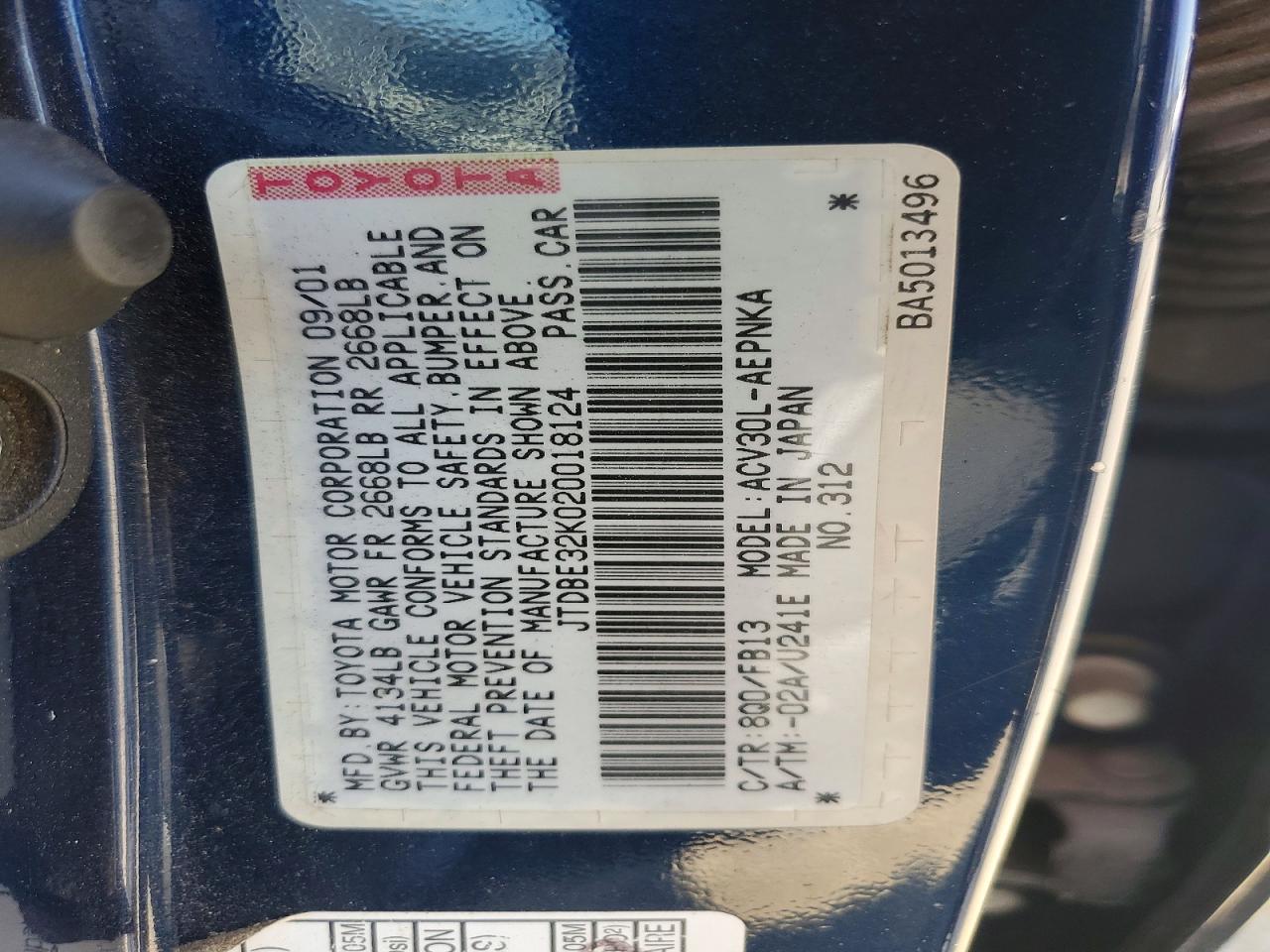 2002 Toyota Camry Le Blue vin: JTDBE32K020018124