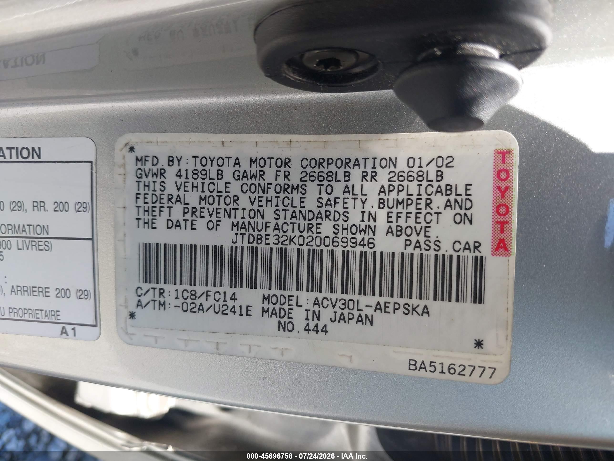 2002 Toyota Camry Se Silver vin: JTDBE32K020069946