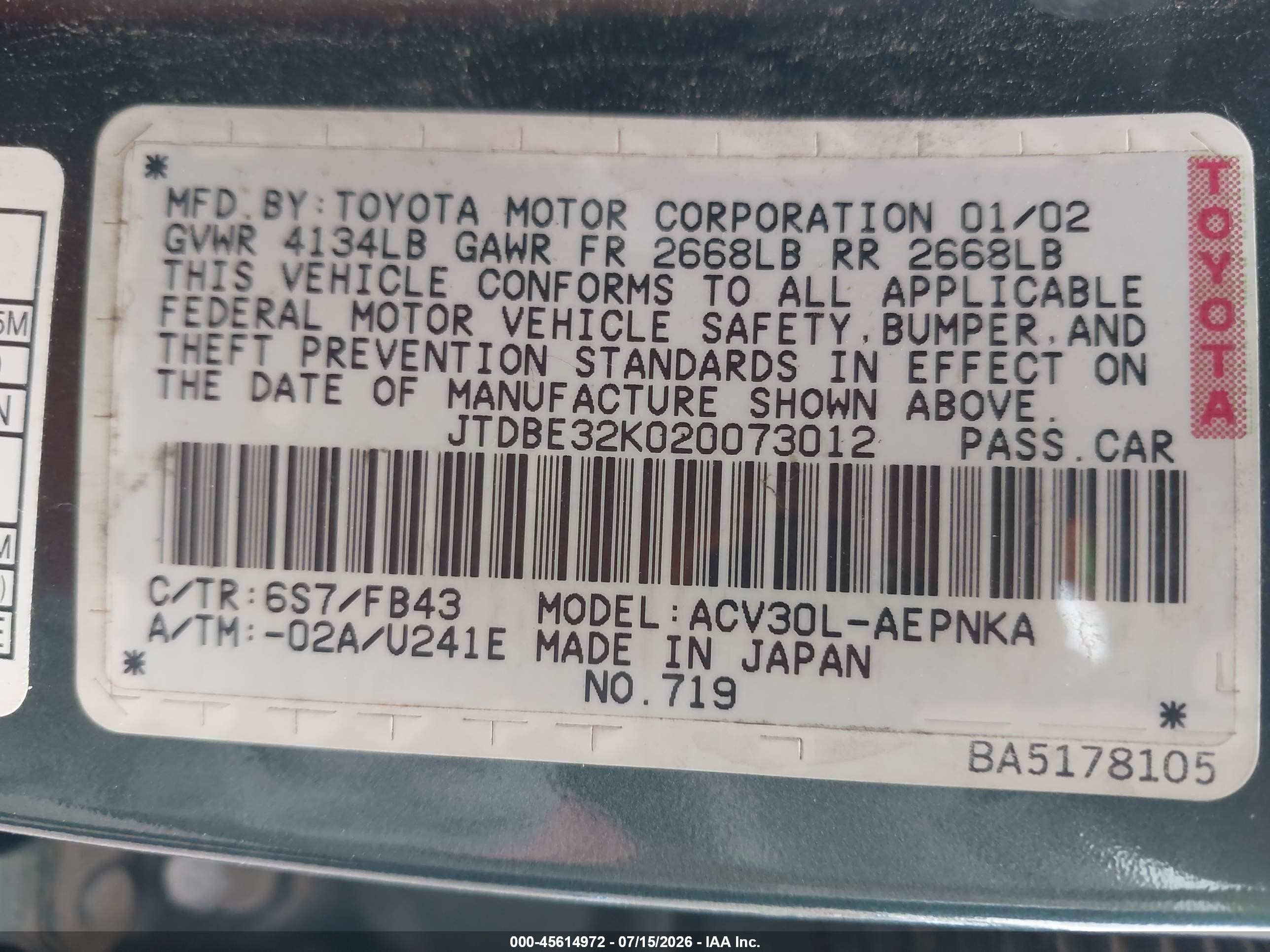 2002 Toyota Camry Le Green vin: JTDBE32K020073012