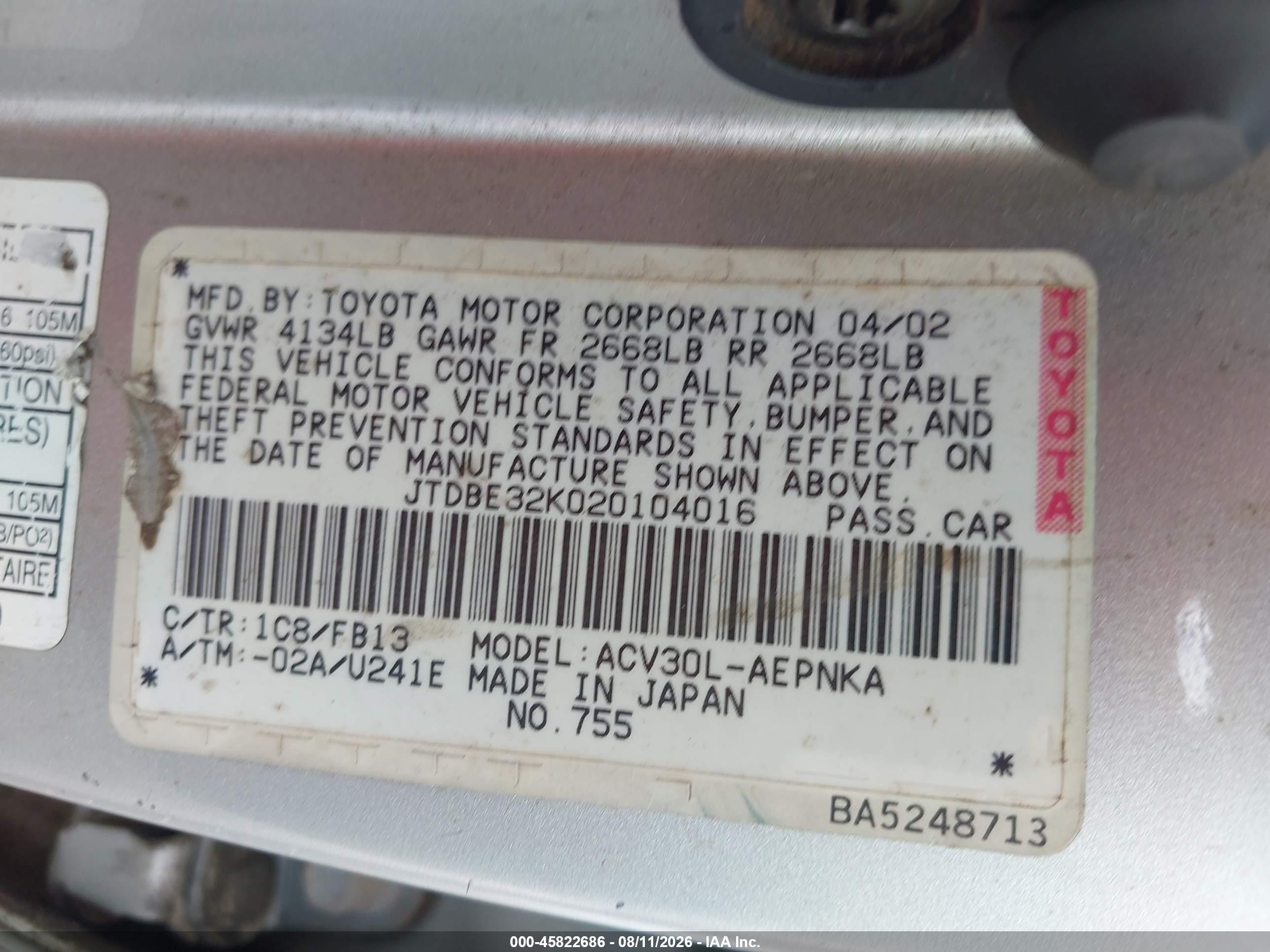 2002 Toyota Camry Le Silver vin: JTDBE32K020104016