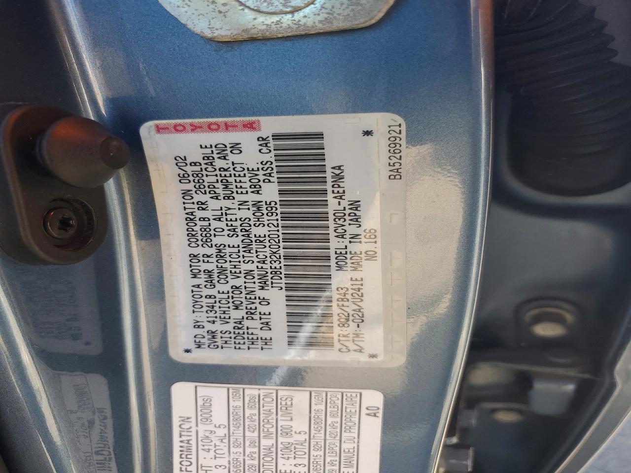 2002 Toyota Camry Le Blue vin: JTDBE32K020121995