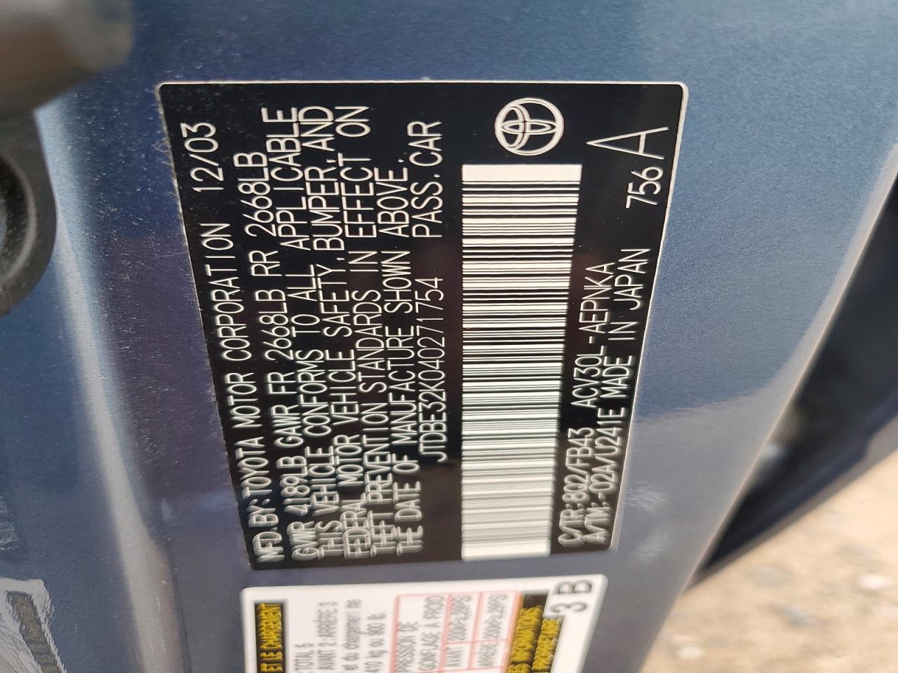 2004 Toyota Camray Синий vin: JTDBE32K040271754