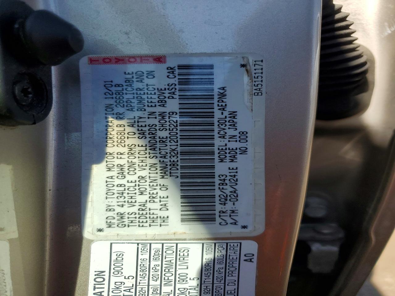 2002 Toyota Camry Le Tan vin: JTDBE32K120052279