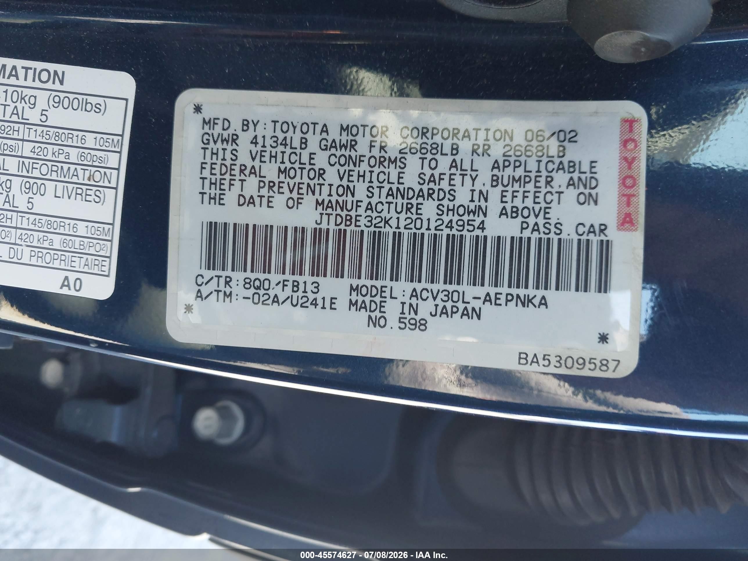 2002 Toyota Camry Le Dark Blue vin: JTDBE32K120124954