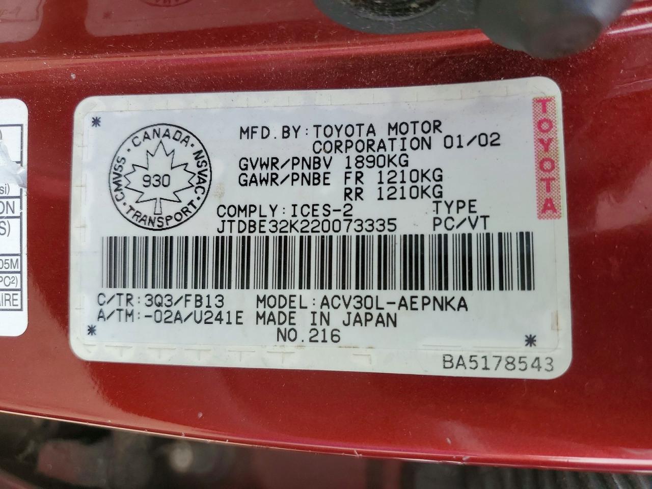 2002 Toyota Camry Le Maroon vin: JTDBE32K220073335